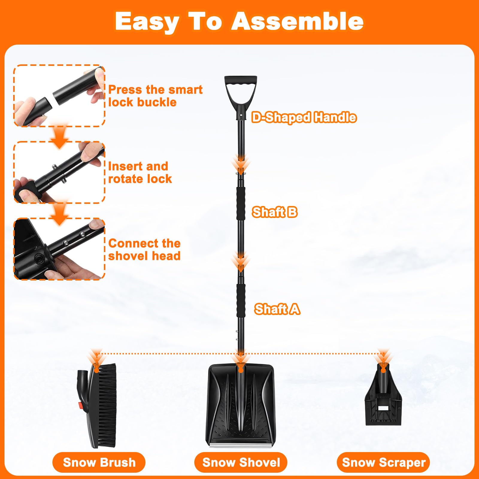 Pala da Neve Portatile, 112 Cm Staccabile Kit 3 In 1 Pala da Neve Retrattile Con Raschietto per Ghiaccio e Spazzola da Neve per Ghiaccio, Neve, Graniglia per Vialetto Auto