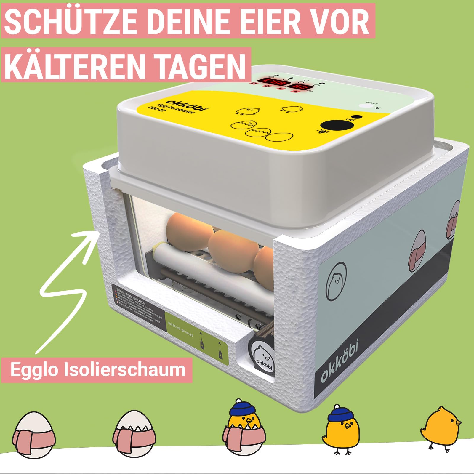 OBI-12 Brutautomat Vollautomatisch – Inkubator für 12 Eier mit Automatischem Eierwender - Brutkasten Hühner für Hühnereier, Wachtel und Enteneier - Gelb