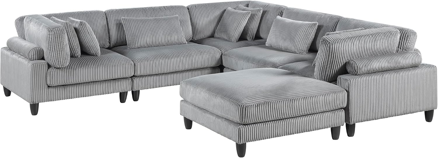 Lexicon 120 Inch Modular Sectional Sofa - Oversized 6 Seater Corduroy U Shaped Sectional Couch with Ottoman, 8 Accent Pillows, and Flexible Arrangement for Modern Living Rooms, Gray