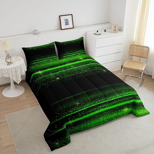 Miniatura 2 de Juego de ropa de cama con diseño de rayas degradadas, tamaño Queen, color negro y verde, edredón moderno geométrico degradado para niños, niñas,
