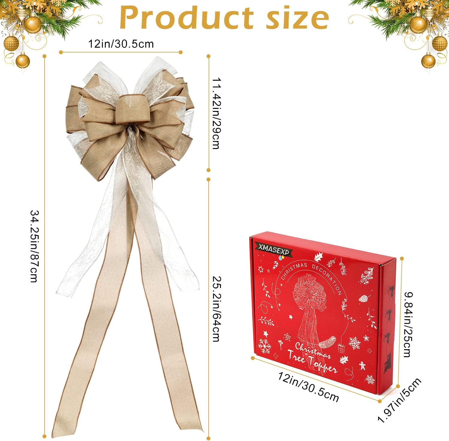 Christmas Tree Topper 12x31.5 Inches Large Decorative Bow with Streamer Wired Edgefor Xmas Decorations Home Decor with Packaging Single Side (Beige)