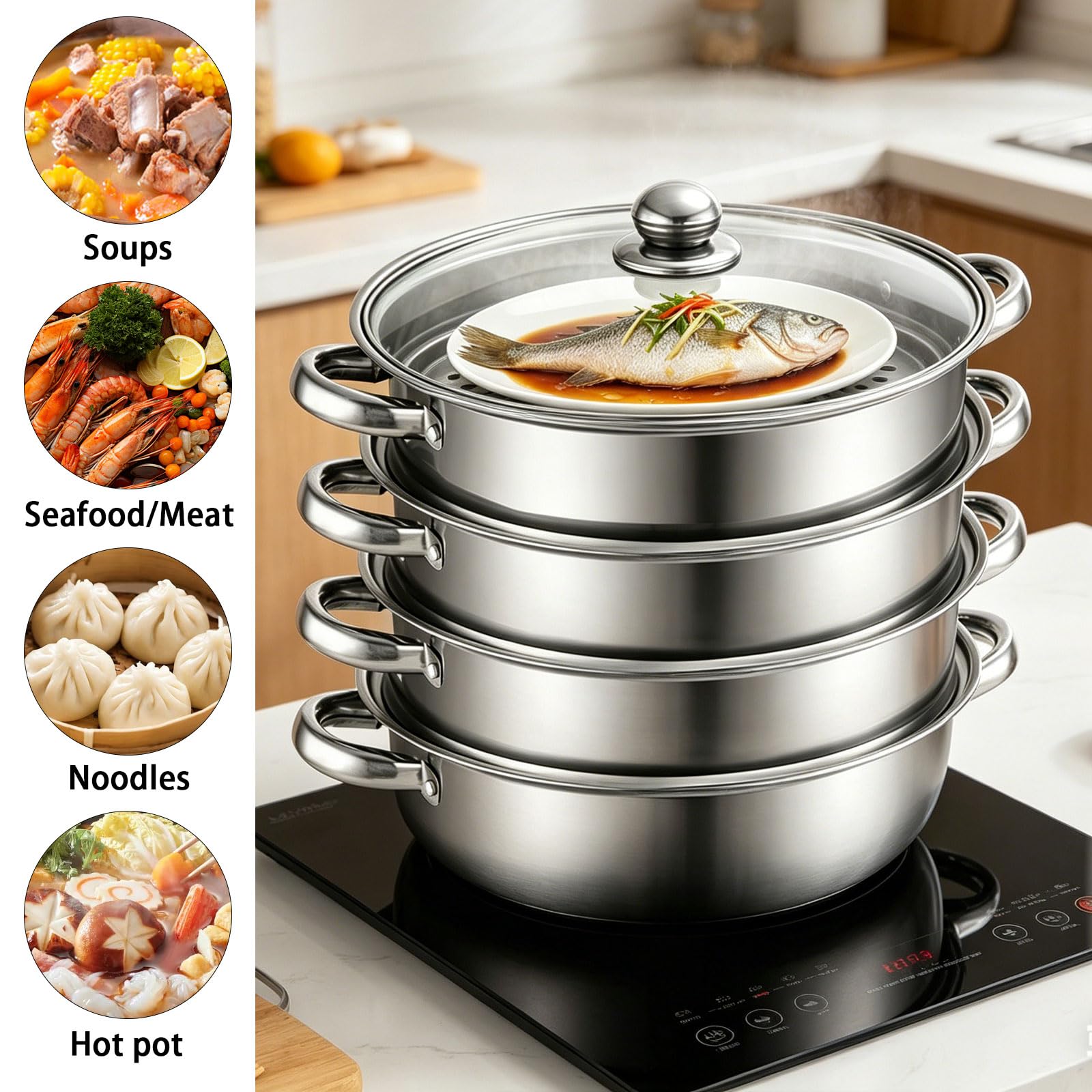 Olla para Cocinar al Vapor, 28 CM Acero Inoxidable, con Inserto de Vapor y Tapa de Cristal Inducción, Olla de Vapor para Cocinar al Vapor Simultáneamente Sopa, Pasta (Paquete de cuatro unidades)