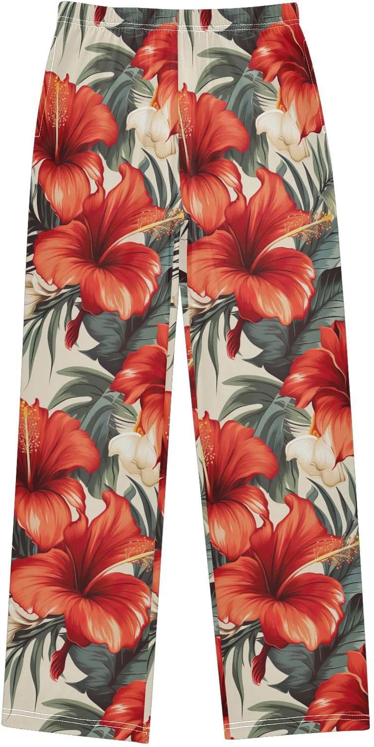 Red Flower Palms Super Soft Pajama Lounge Pants Long Pajama Bottoms with Elastic Waist Pockets for Christmas