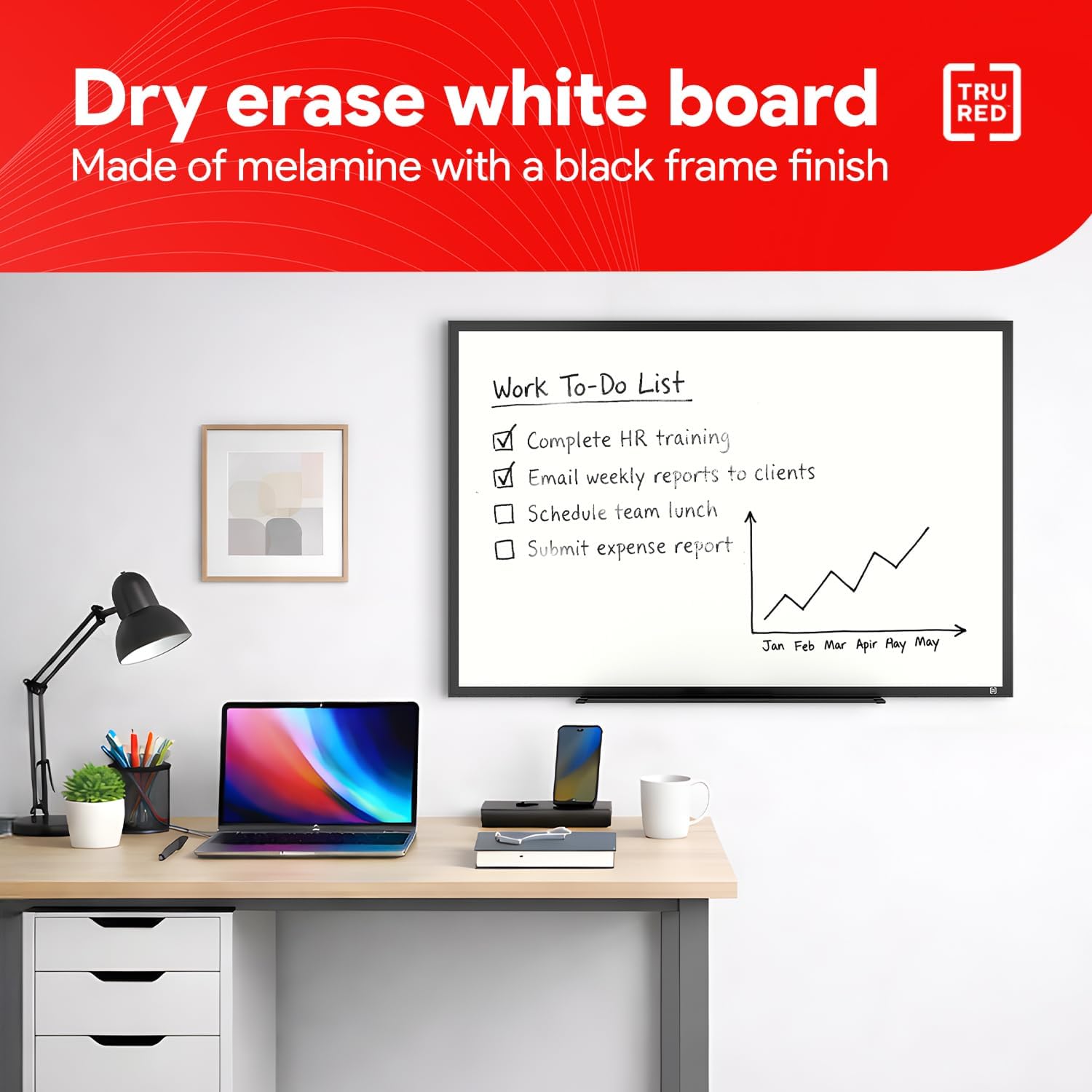 TRU RED Melamine Whiteboard | Dry Erase Board for Wall, White Board with Black Aluminum Frame, 3 ft x 2 ft, Fine Tip Marker Included