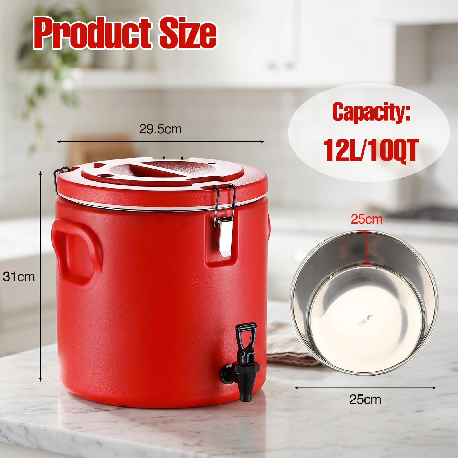 Contenitore termico da 12 litri con rubinetto, contenitore termico portatile per zuppe, scaldavivande con rivestimento interno in acciaio inox per alimenti e acqua