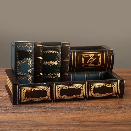 Miniatura 5 de Tosnail Soporte decorativo para bolígrafos con compartimento de almacenamiento, soporte para lápices de madera y organizador, libros de biblioteca