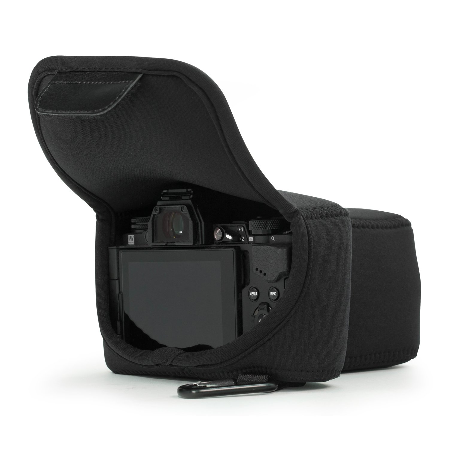 MegaGear - Ultralekkie Etui Neoprenowe z Karabińczykiem do Aparatu Olympus O - Czarny, 13.89 x 9.3 x 14.91 cm, MegaGear MG1196 ultralekkie etui neoprenowe z karabińczykiem do aparatu Olympus OM-D E-M5