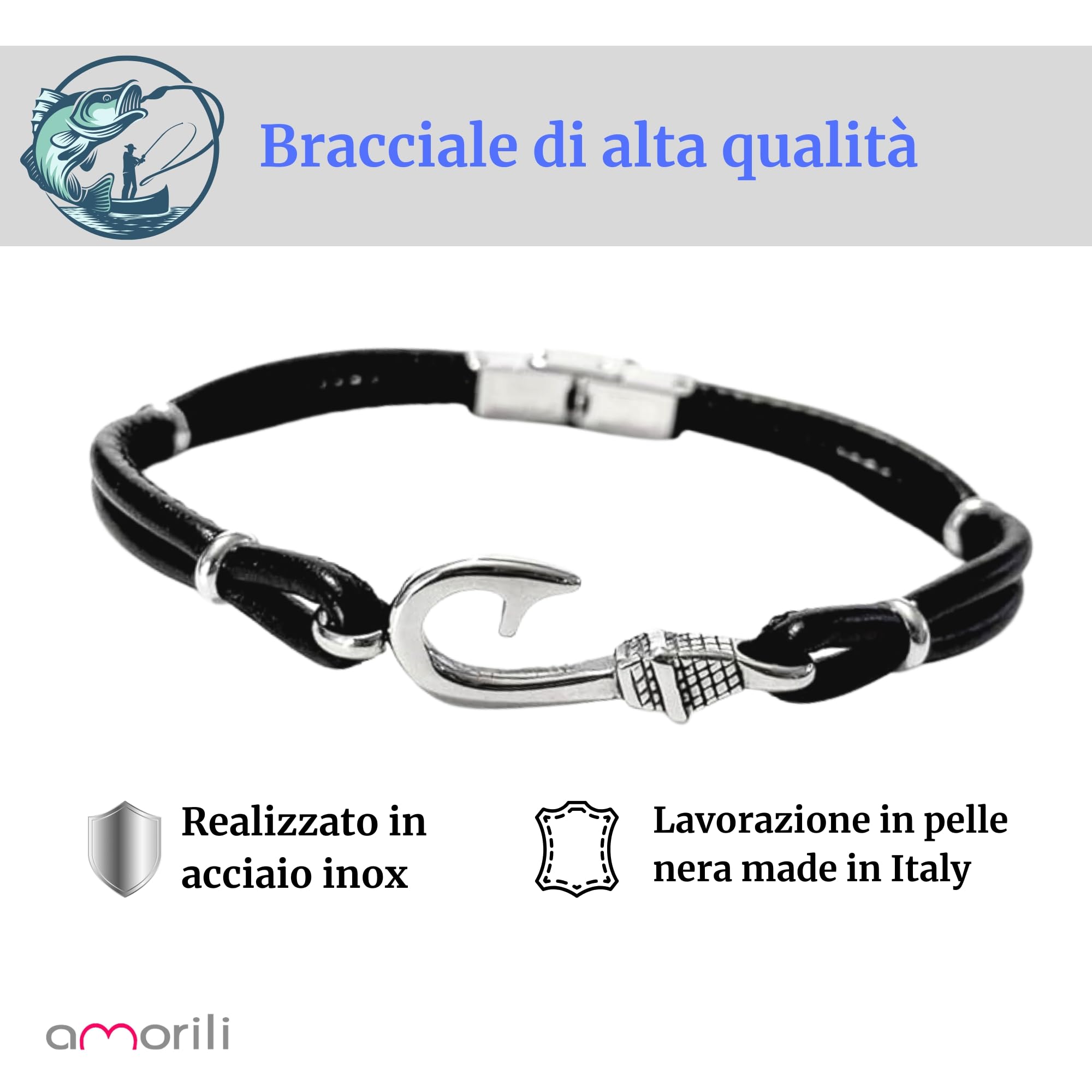 Bracciale Uomo Amo da Pesca – Acciaio Inossidabile & Pelle – Idea Regalo Pescatore – Gioiello Nautico Regolabile Elegante Sportivo bcc1603b