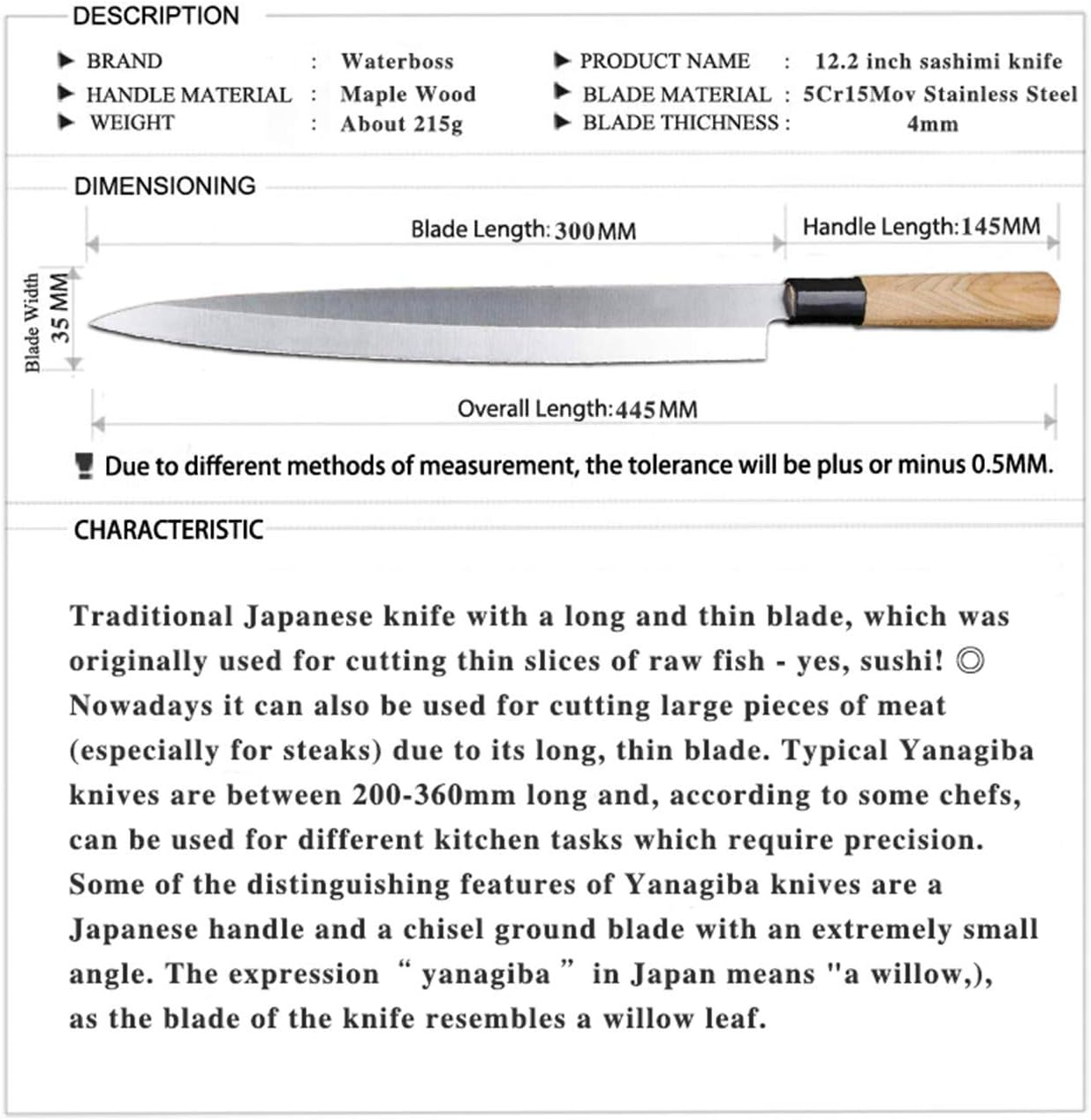 Waterboss,Japanese Sushi Chef Knife Salmon Knife Slicer Razor Sharp Sashimi Watermelon Knives, 5Cr15mov Stainless Steel Sashimi Yanagiba Knife, Maple Handle, 11.8inch (300mm)