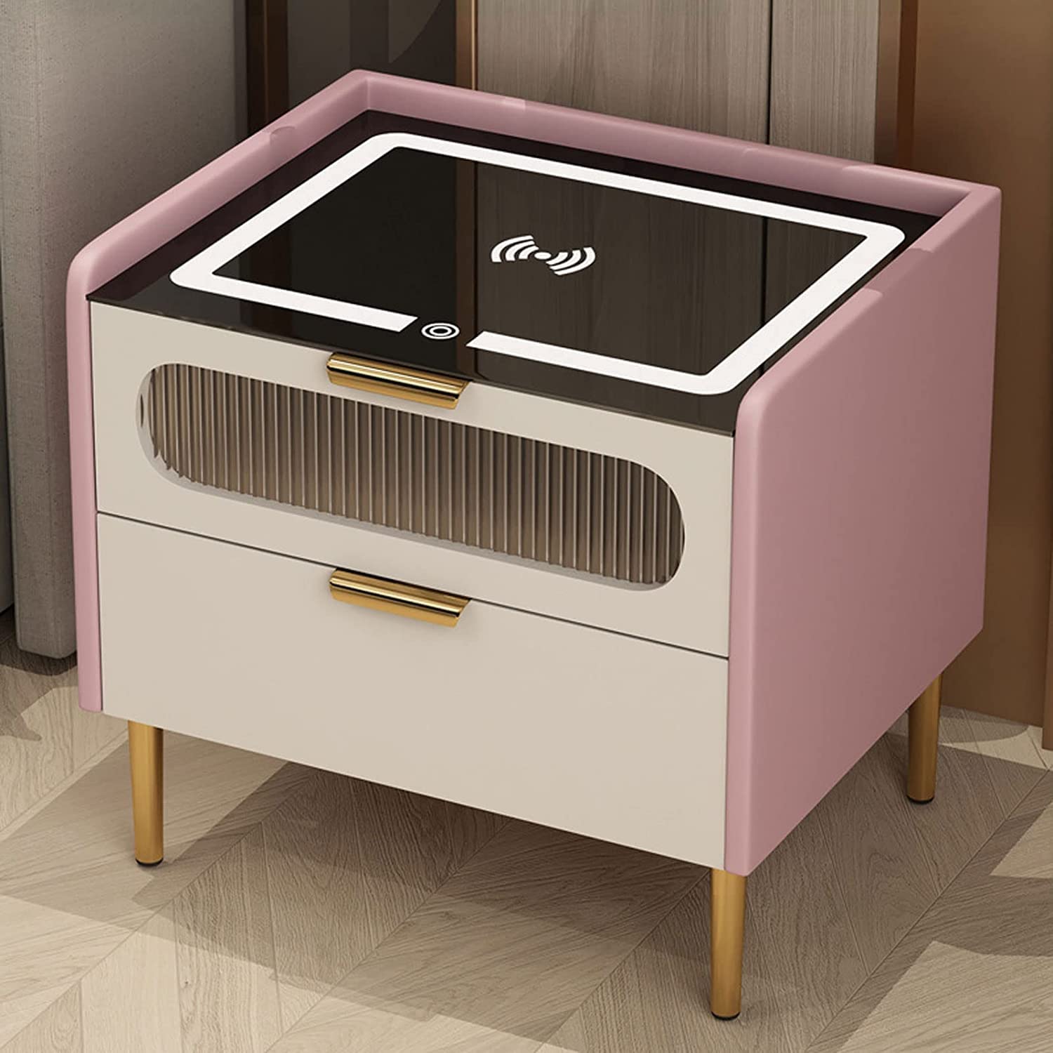Table de Chevet Intelligente avec Tiroirs Commode de Nuit Moderne LED Lumineuse Rose 50