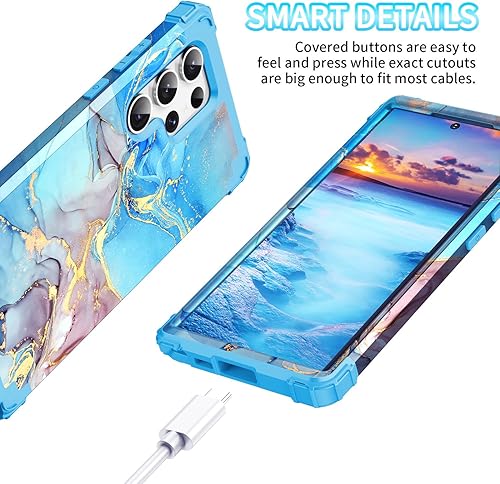 Miniatura 3 de Funda para Galaxy S23 Ultra, diseño de mármol, tres capas, resistente, a prueba de golpes, híbrida, de plástico duro, goma de silicona suave, funda