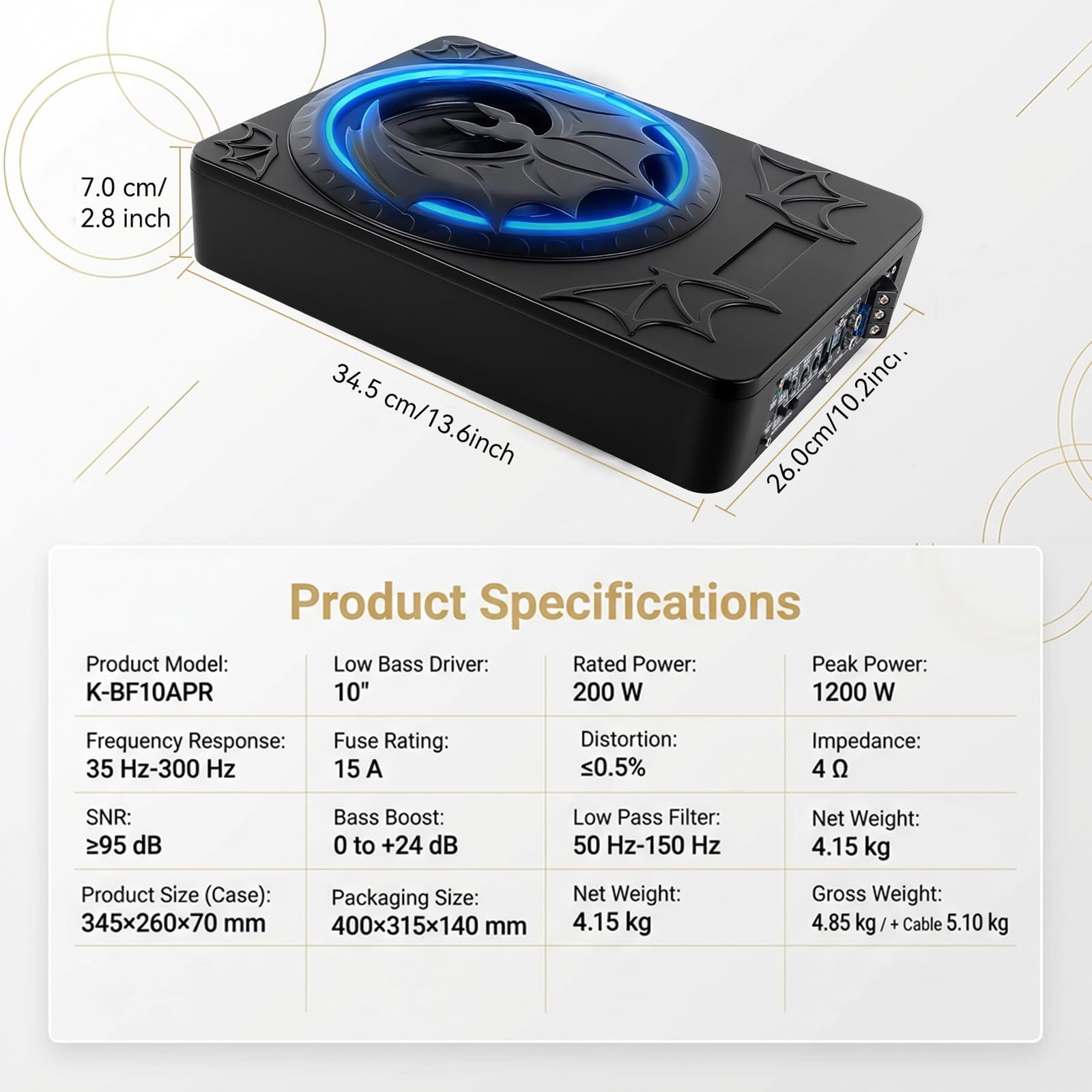 CAMECHO 10 Pollici 1200W Subwoofer per auto con sedile sotterraneo, invertitore di fase 180 °, basso profondo 12dB, filtro passa-basso 50Hz-150Hz, subwoofer audio per auto 10V-15V
