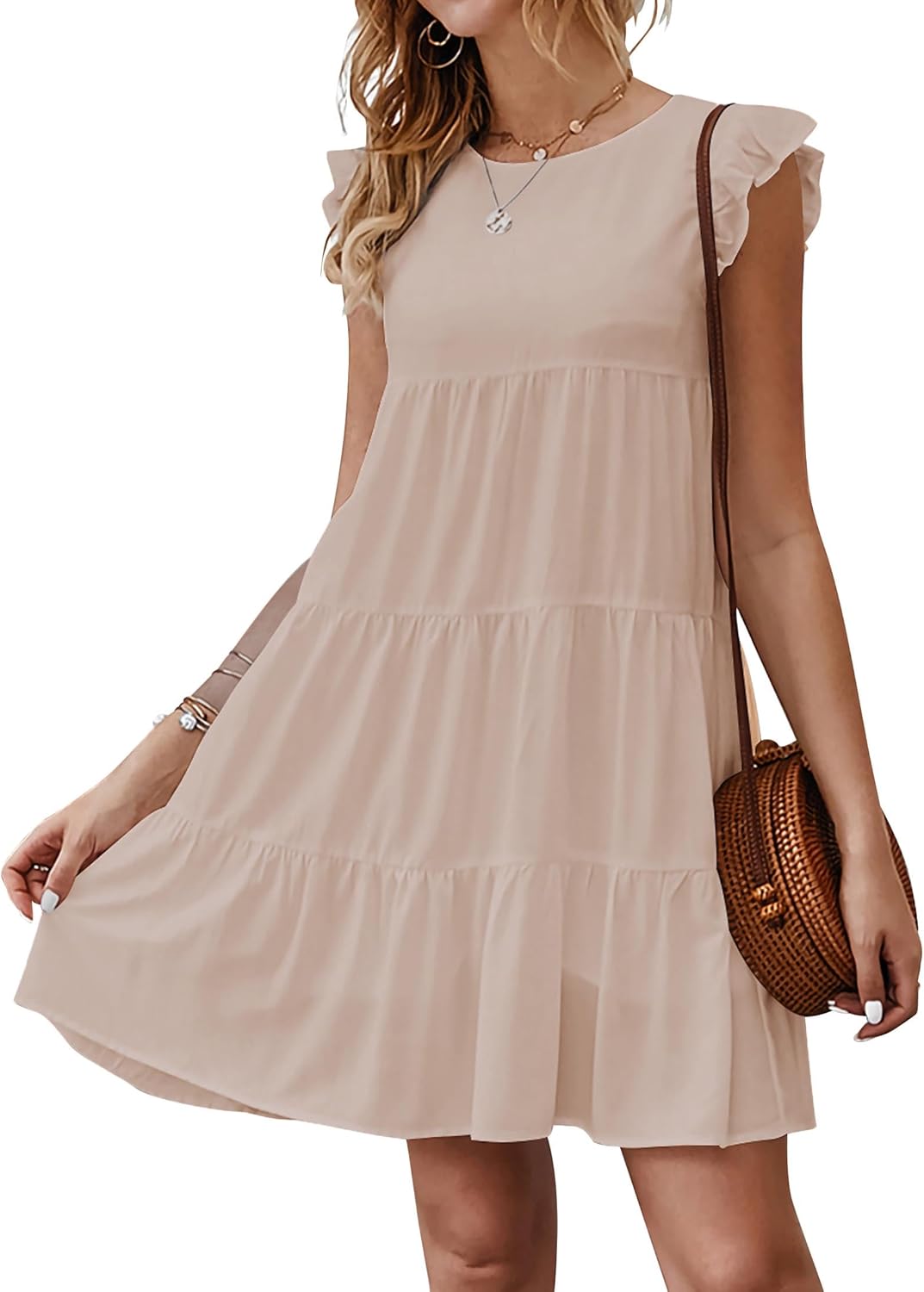 KIRUNDO Women's Summer Dresses Sleeveless Ruffle Sleeve Round Neck Solid Loose Short Flowy Pleated Mini Babydoll Dress