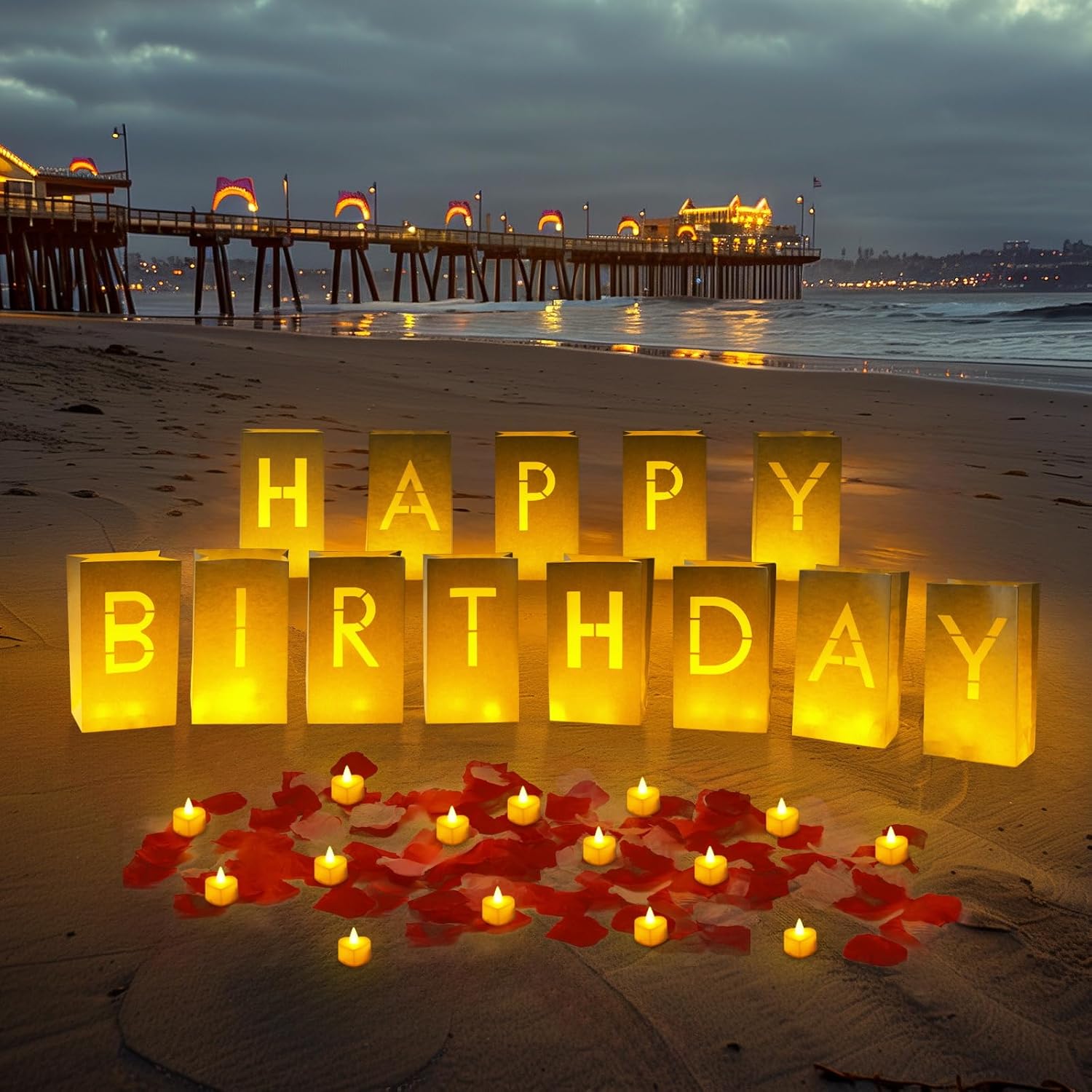 Homemory Happy Birthday Light Up Letters Luminary Bags with Flameless Candles and 2000 Fake Rose Petals, Happy Birthday Banner Sign Party Decoration for Women Men