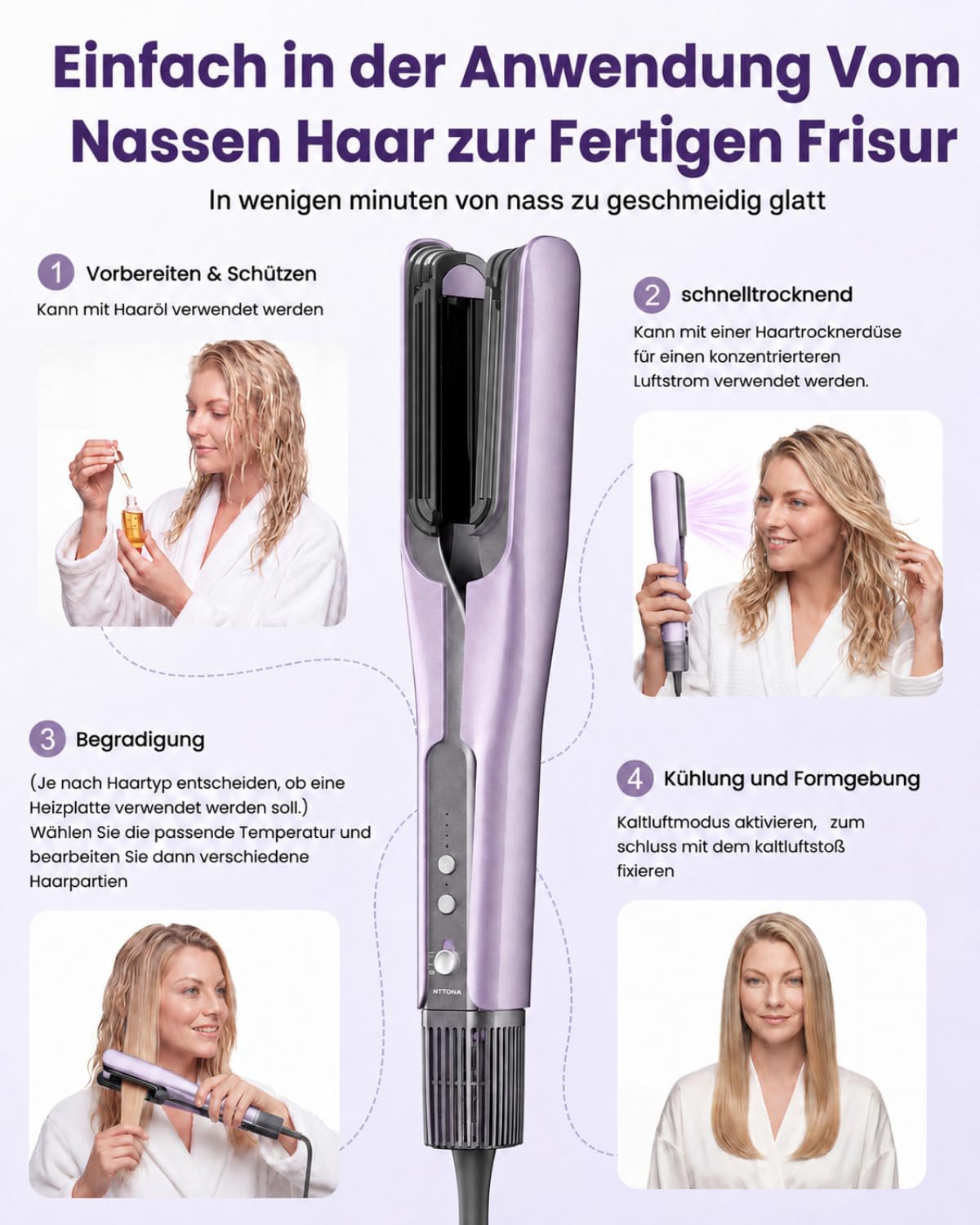 HITTIONA Air Haarglätter Föhn 3 in 1, Nass-zu-Trocken Glätteisen | mit Föhndüse & Volumenbürste, schnelles Trocknen, Glätten & Volumenstyling, 4 Temperaturmodi, Booster-Modus für Dickes Haar