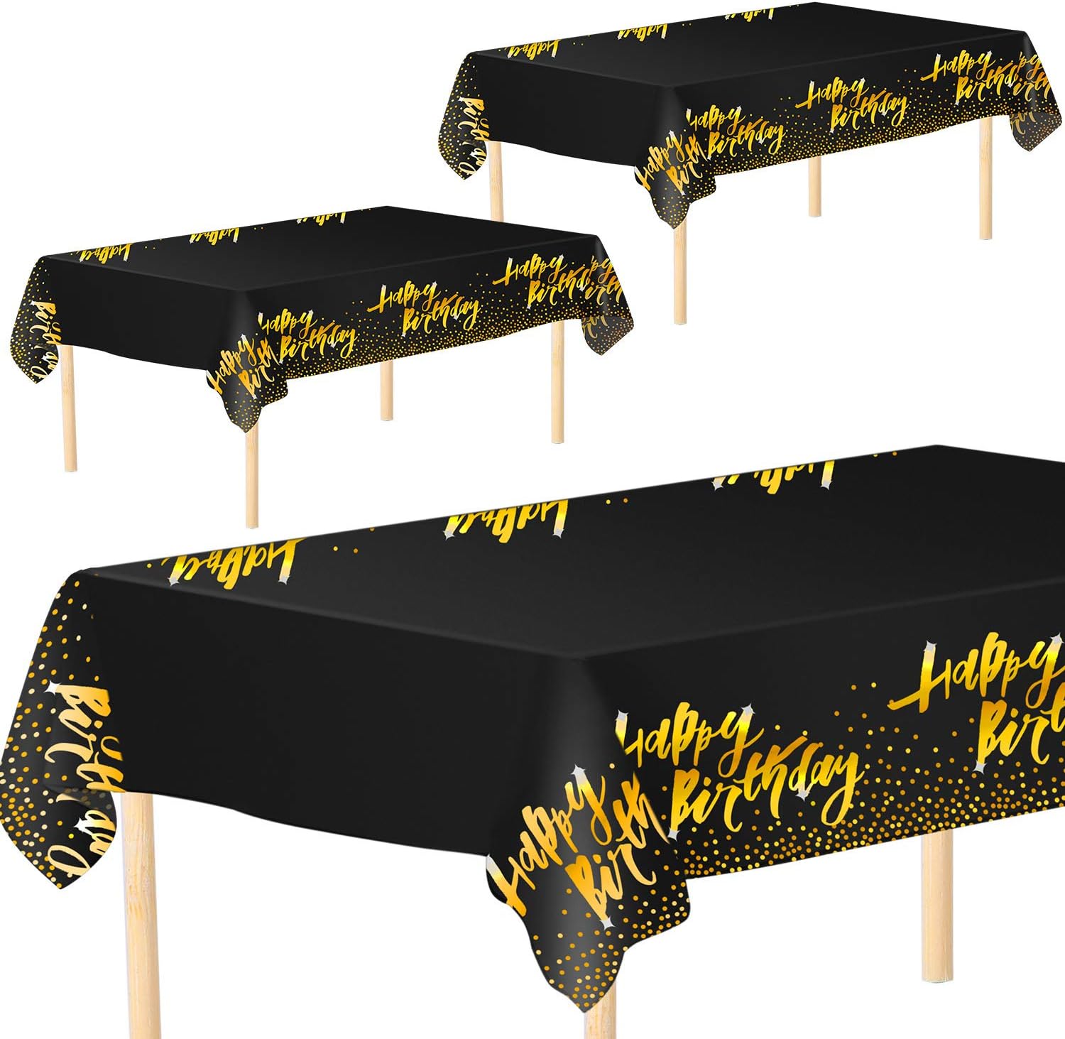 Aneco 3 Pack Black Gold Happy Birthday Tablecloth Table Cloth Cover Black Gold Party Durable Tablecloth Table Covers 54 x 108 Inches for Parties Birthdays Weddings