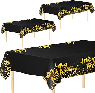 Aneco 3 Pack Black Gold Happy Birthday Tablecloth Table Cloth Cover Black Gold Party Durable Tablecloth Table Covers 54 x 108 Inches for Parties Birthdays Weddings