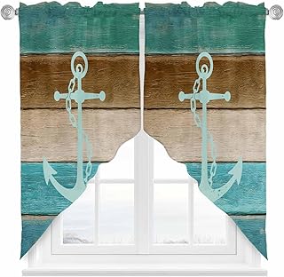 Teal Brown Anchor Swag Valances for Windows, Kitchen Window Curtains Over Sink, Vintage Art Nautical Coastal Ocean Wooden Window Treatment Curtains for Living Room/Bedroom 2 Panel Sets 36"x45"