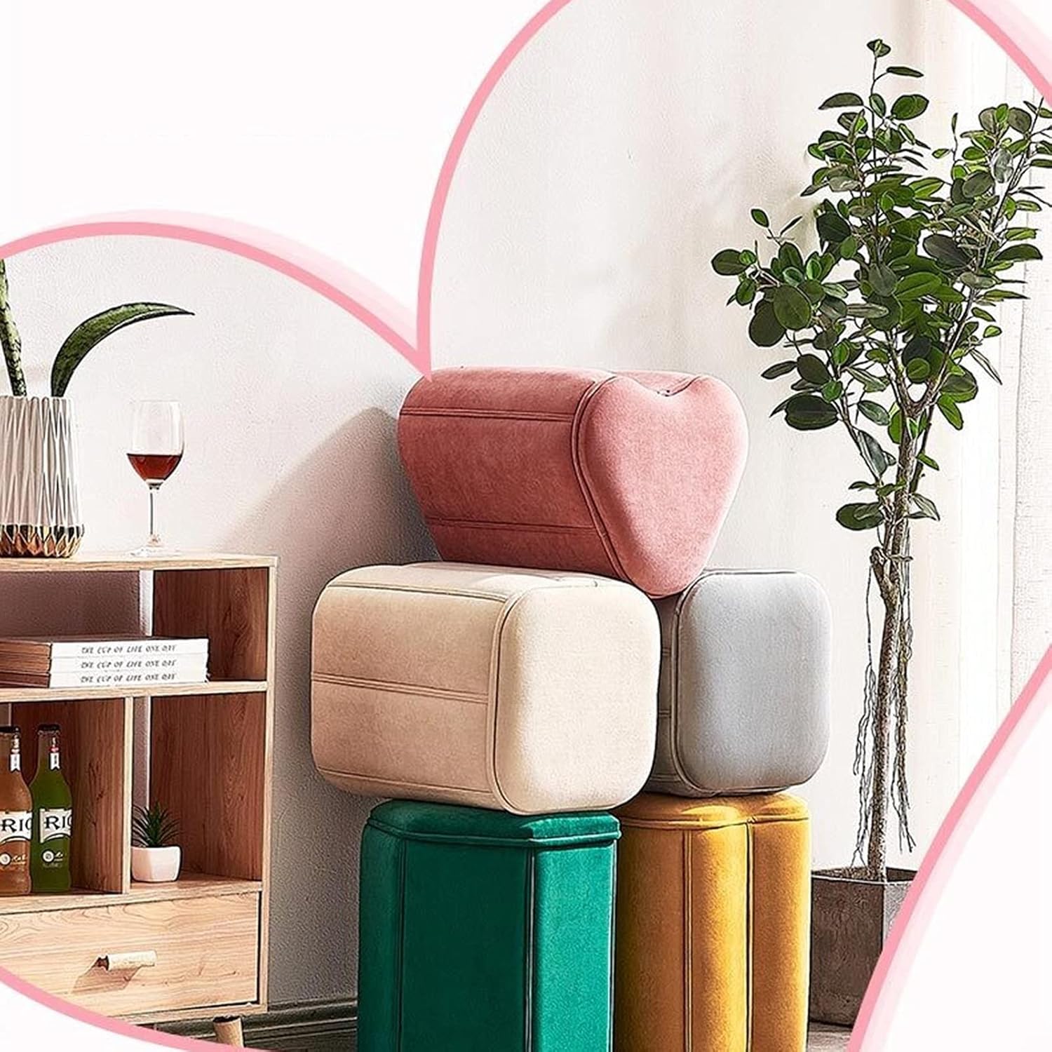 Solid Color Small Stool, Creative Round Stool Sofa Stool, Wood Frame Low Stool, Living Room Cloth Art Pier for Shoe Change Stool. (Color : Green)