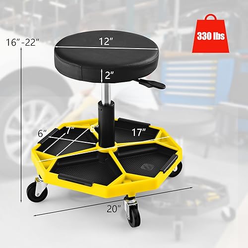 Miniatura 9 de Safstar Garage Shop - Asientos enrollables taburete neumático ajustable con bandeja de almacenamiento de herramientas y 4 ruedas universales