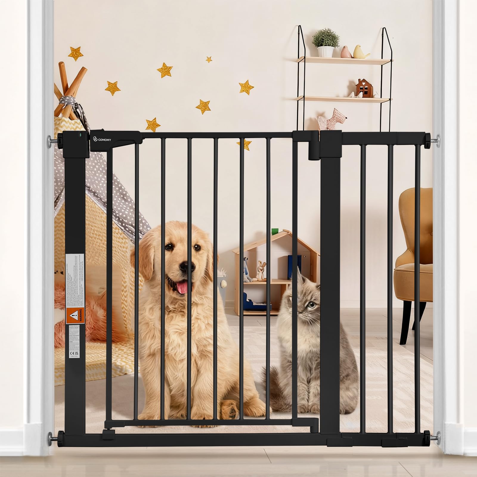 COMOMY Barrera de Seguridad Extensible 75-103 cm, Barrera de Seguridad para niños con Sistema de Cierre automático, 7cm y 14cm Extensiones, Negro | Puerta de seguridad para mascotas montada a presión, incluye 4 tazas de pared y 2 piezas de extensión, colo
