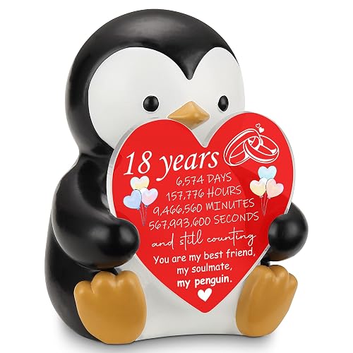 18 Years Anniversary Penguin Figurine with Acrylic Heart Plaque, Gift