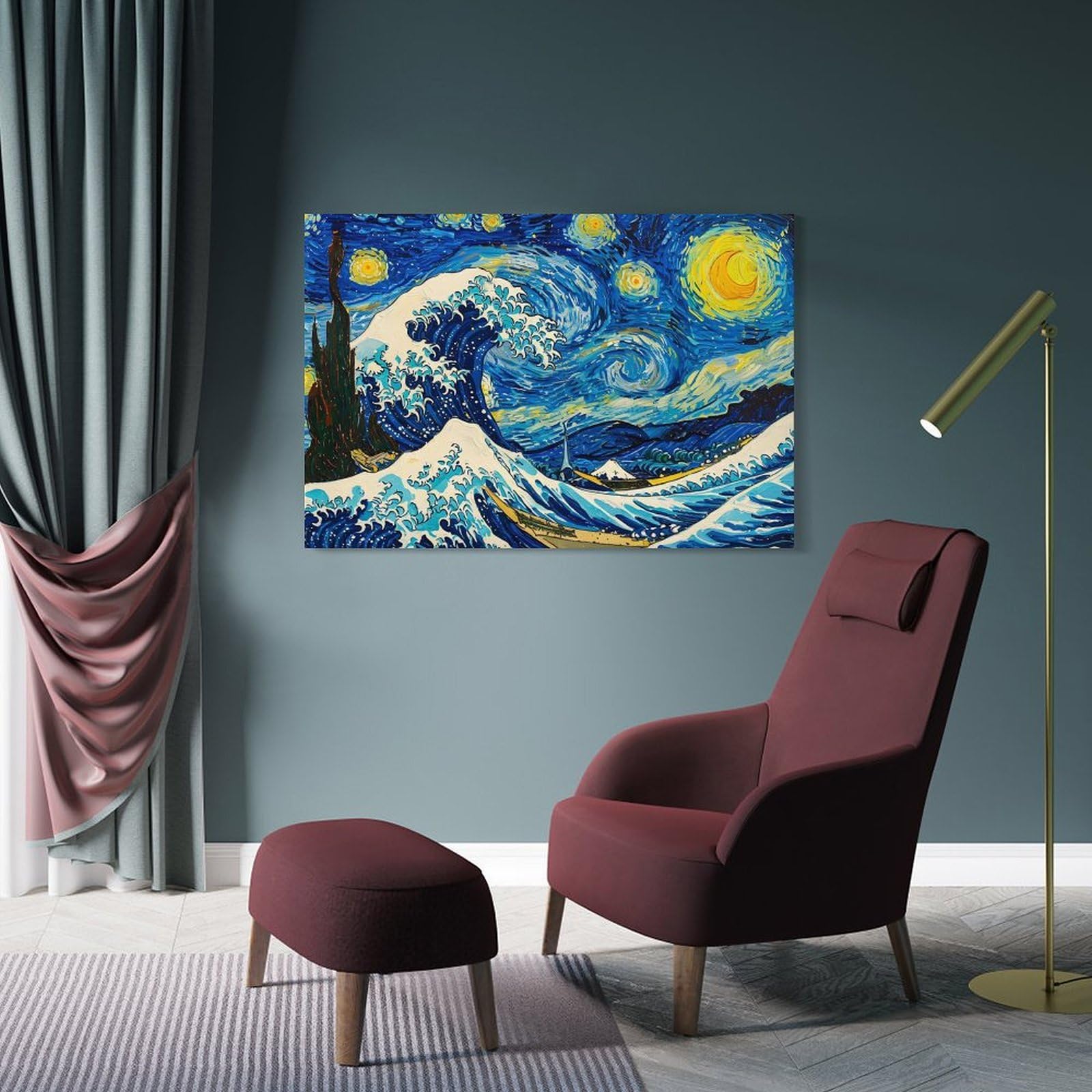 Junmoney Room Decor Wall Art Starry Wave Van Gogh Meets Hokusai, 20x30inch(50x75cm), for Flats, Guest Rooms Or Compact Rooms, Wall Decor with Flexible Room Appeal