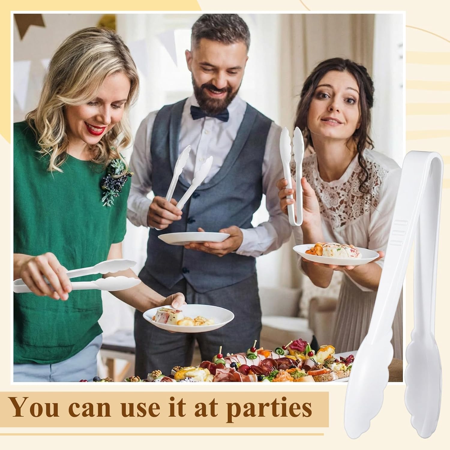 Tessco for you 50 Pcs Plastic Tongs for Serving Bulk, 9 Inch Plastic Disposable Serving Tongs, Heavy Duty Salad Tong for Kitchen, Buffet, BBQ, Events & Catering (White)