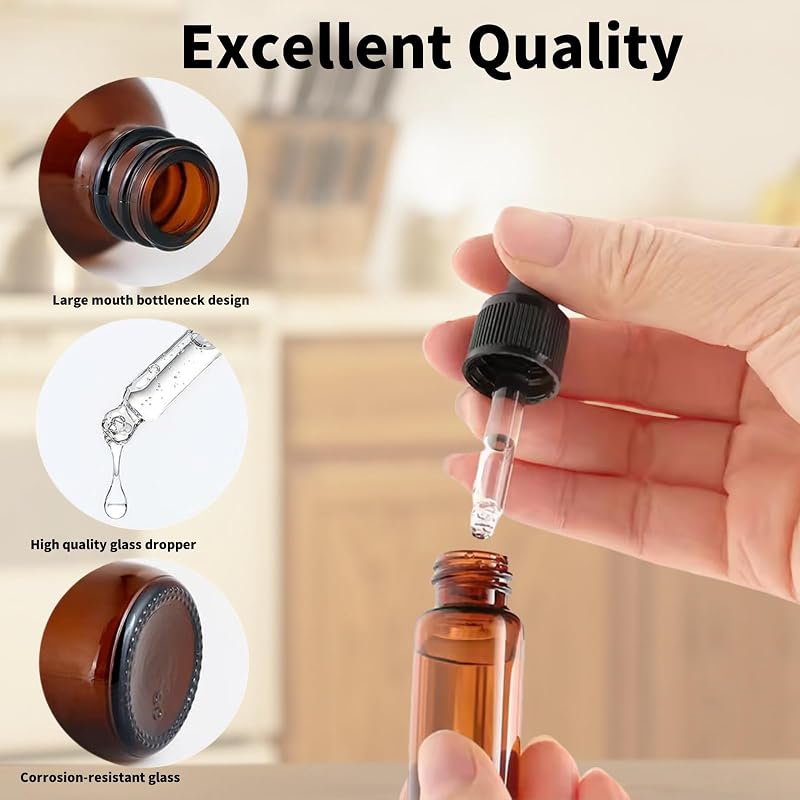 Cutiolly Barna Üveg Pipettás Flakon Szett - Illóolajokhoz, Aromaterápiához és Parfümökhöz - 10ml (1db) + 5ml (2db) - Hengeres Cseppentős Tár