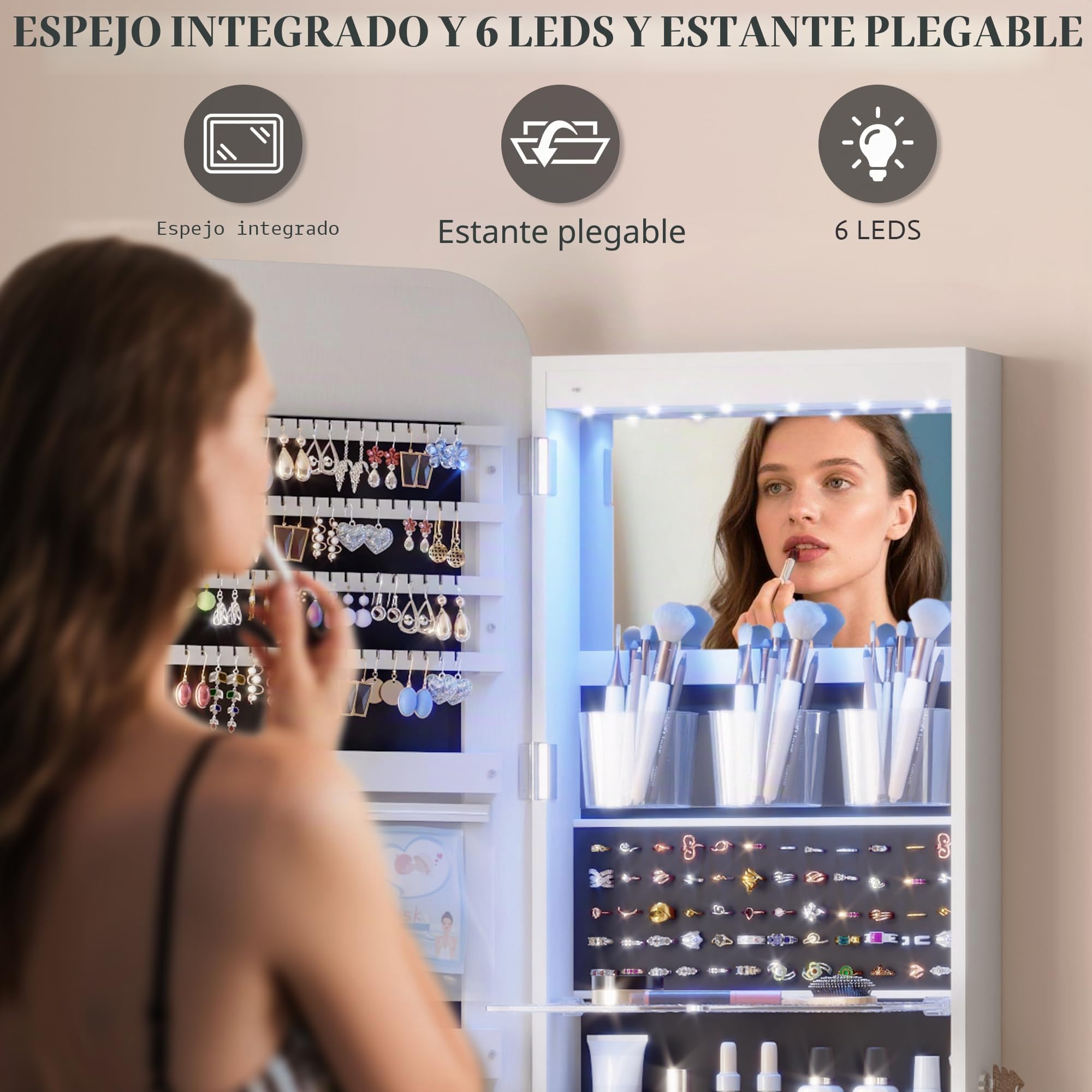 Vlsrka Oval Armario Joyero con Luz, LED Armario Espejo Joyero de pared, Espejo joyeros de puerta con Cerradura, Armario Espejo colgante Con luces, Ovalado Espejo joyeros, Regalo mujere, Blanco