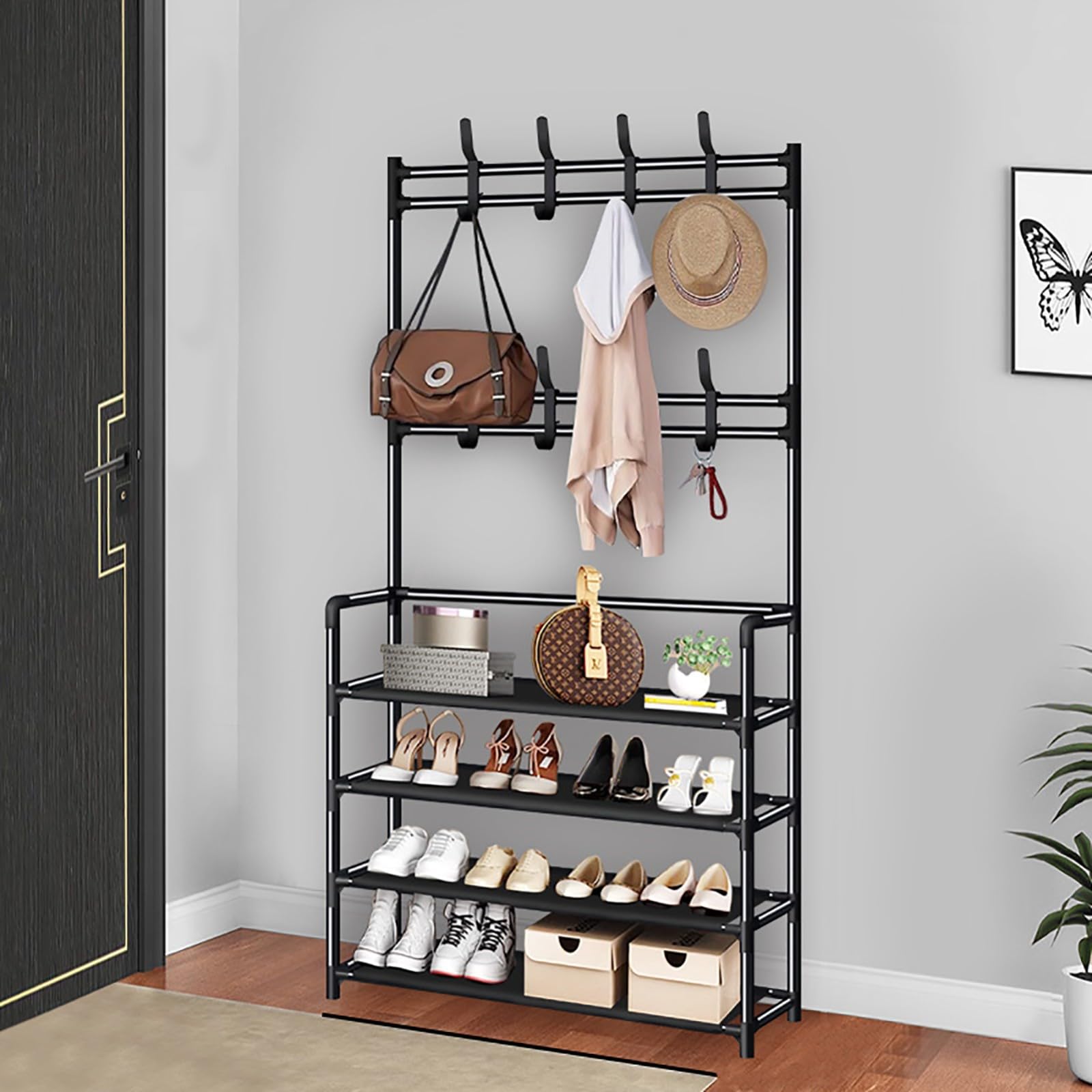 HaoJieHan Coat and Shoe Rack, 4 Tiers Shoe Rack, Coat Rack with Shoe Storage Coat Rack Freestanding with 8 Hooks for Bedroom, Hallway, Office black,155x80x26cm