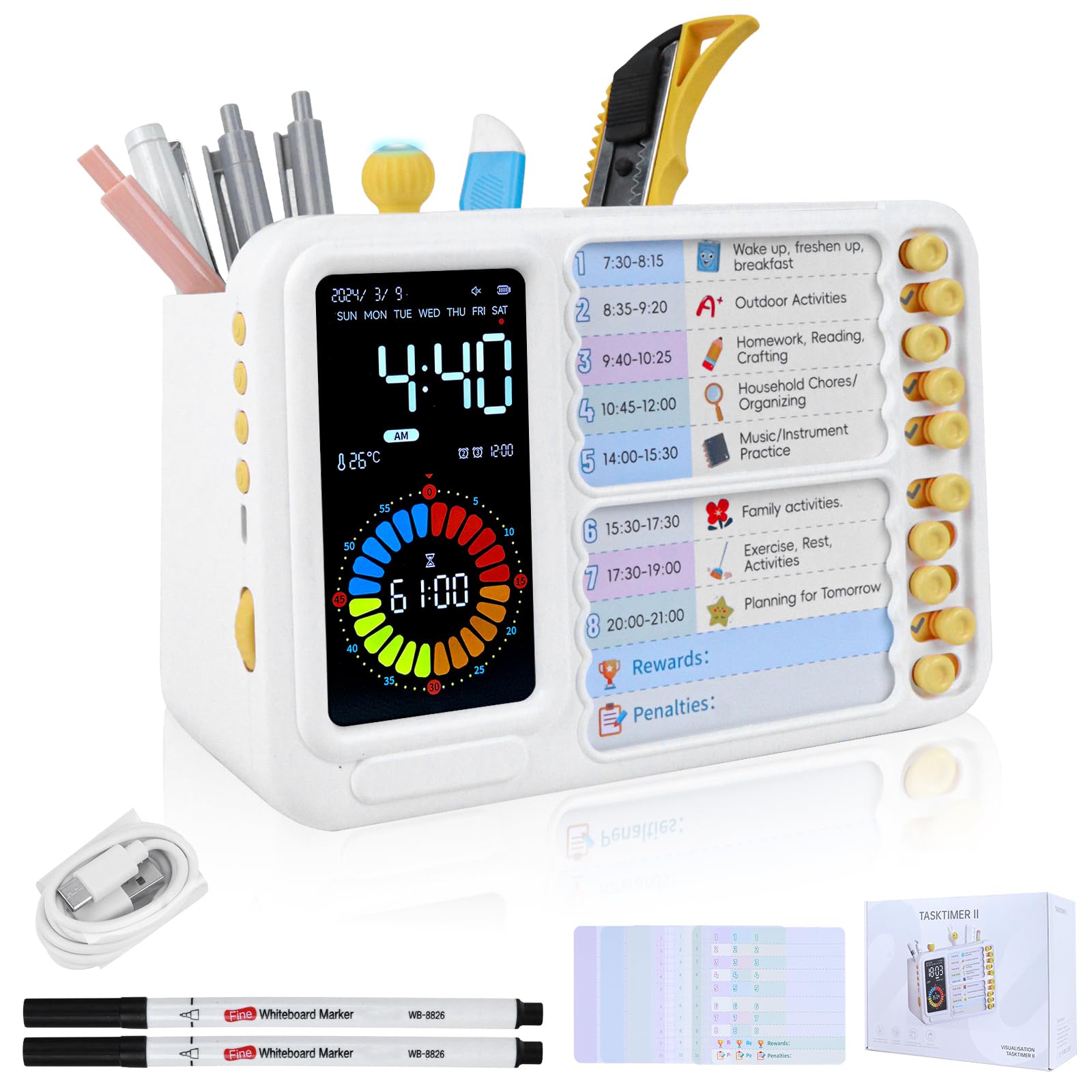 12/24 Hour Switching Task Timer, Timer for Kids, Visual Schedule for Kids with Autism, Visual Schedule for Kids, Time Management Tools, Autism Increase Self-Regulation, with 99-Minute Countdown