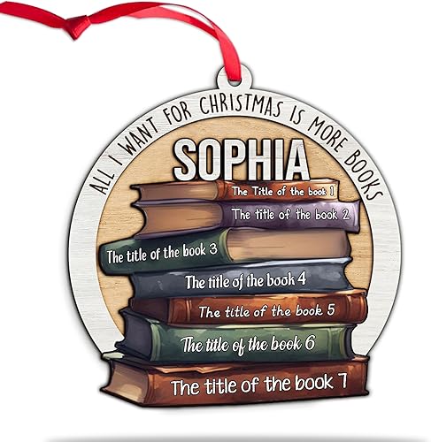 MeMate Adorno de Navidad para amantes de los libros, adorno de libro personalizado, título de libros con nombre, adorno de madera 3D de 2 capas para