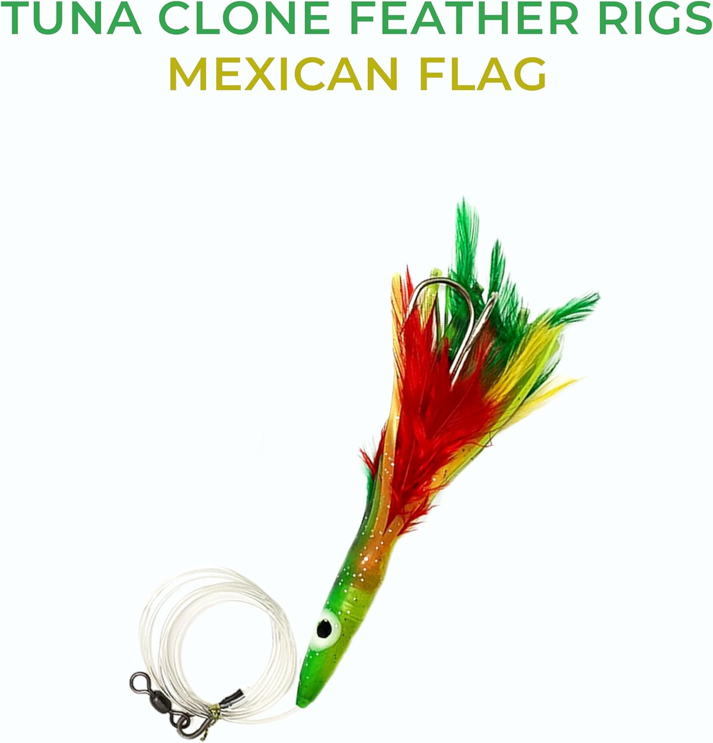 4.5" Tuna Clone Feather Rigs, Saltwater Trolling Lures, 6 Pcs Mexican Flag Color Rigged, for Offshore Deep Sea Fishing, Ideal for Albacore, Tuna, Wahoo & Mahi-Mahi