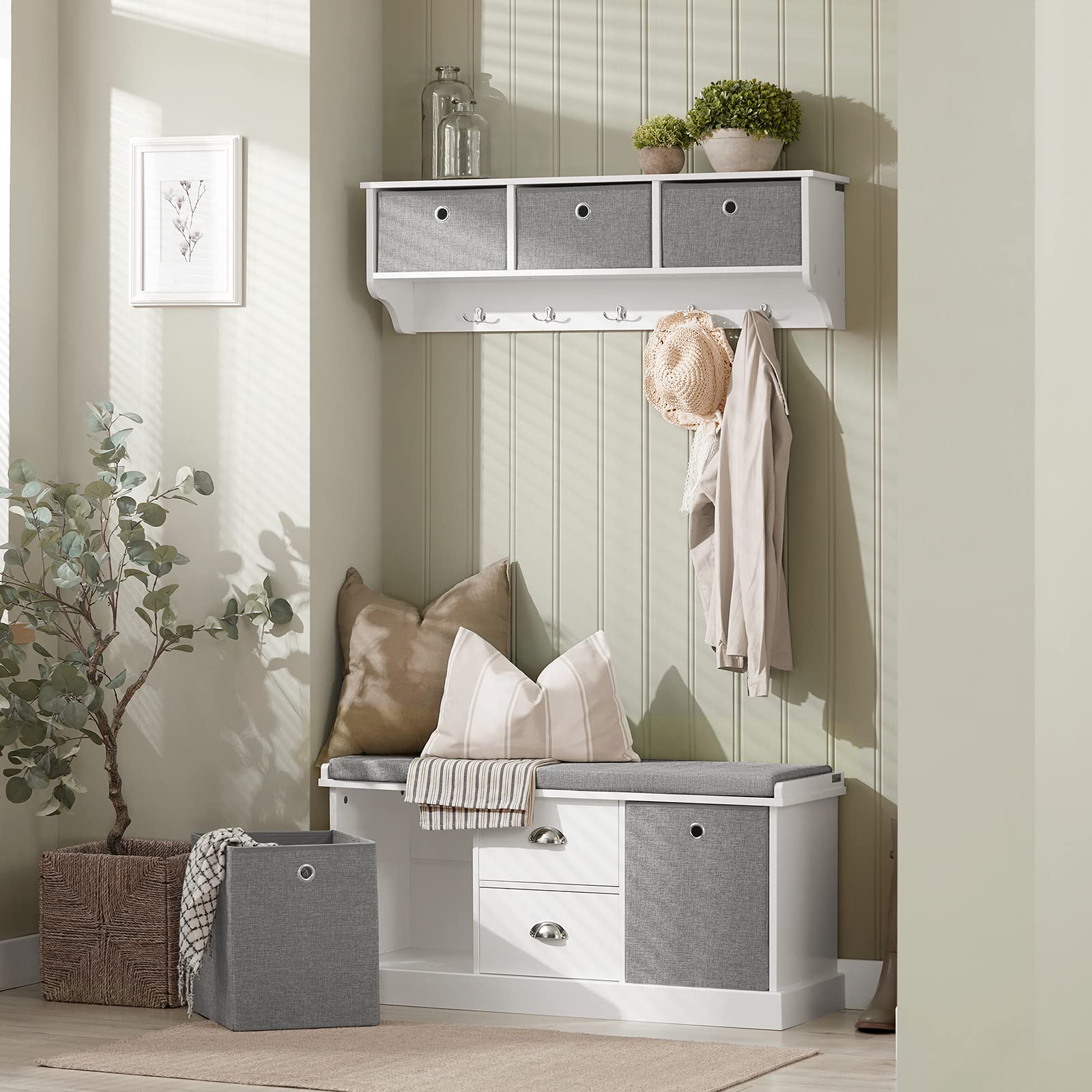 SoBuy Panca scarpiera Cassapanca da Interno Mobile Bagno con 2 cassetti e 2 cesti Bianco L96*P33*A50cm FSR66-HG