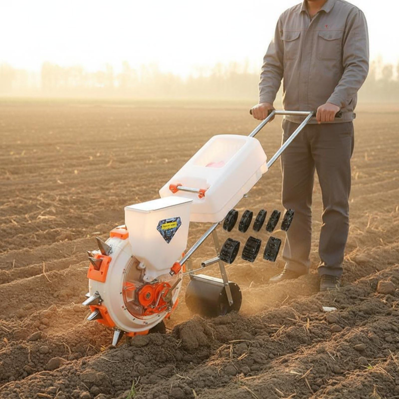 Handheld Seeder Semoir Planteur Épandeur Manuel à Poussée avec Roue Tasseuse Acier Inoxydable et Plastique Semis Régulier et Fertilisation Contrôlée, S 35CM, 5-Buse