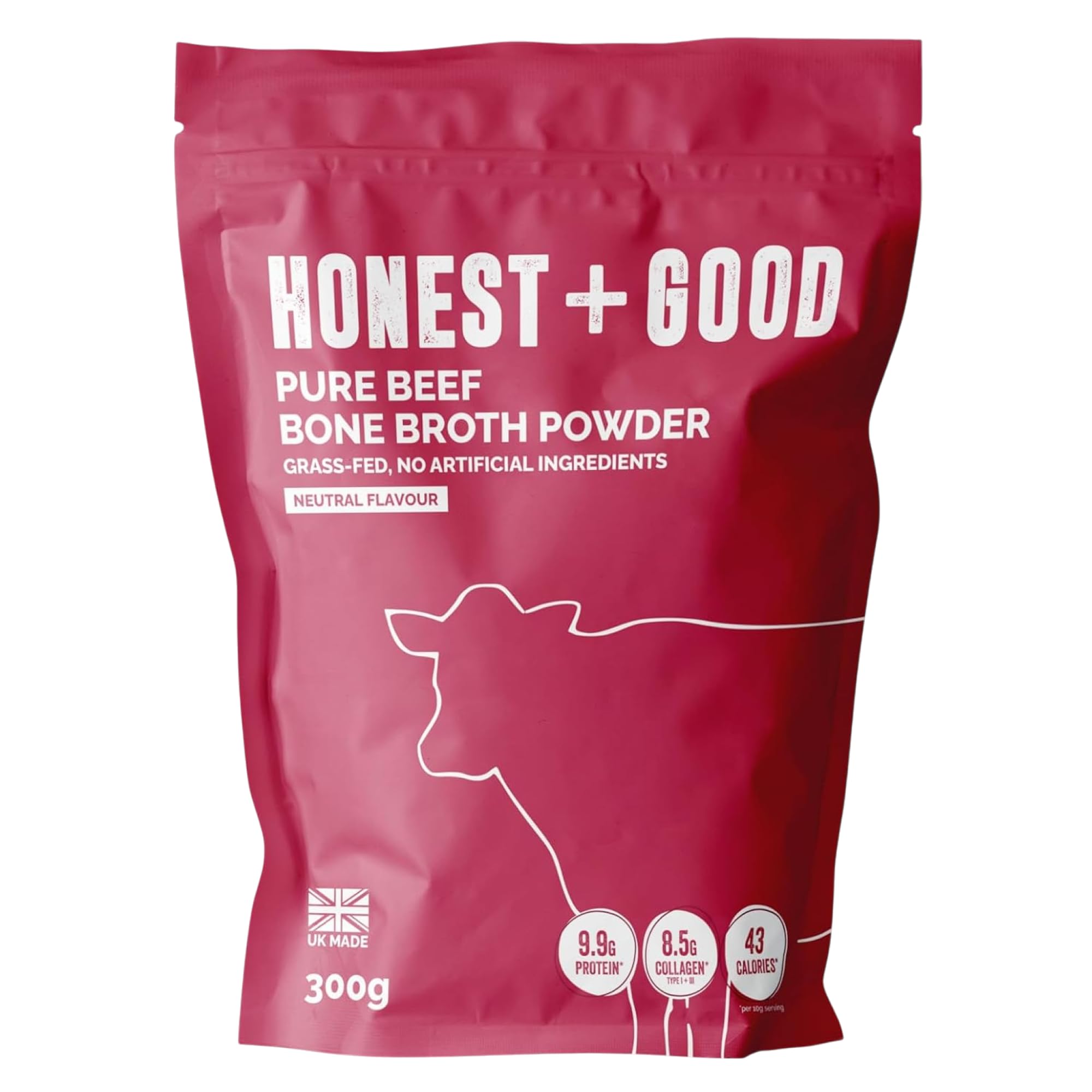 Honest + Good Beef Bone Broth Powder - 300 g | 1 Month Supply | Contains 8500mg Type I & III Collagen | Made with Grass Fed British Cattle | Promotes Hair Skin Nail & Gut Health | UK Made