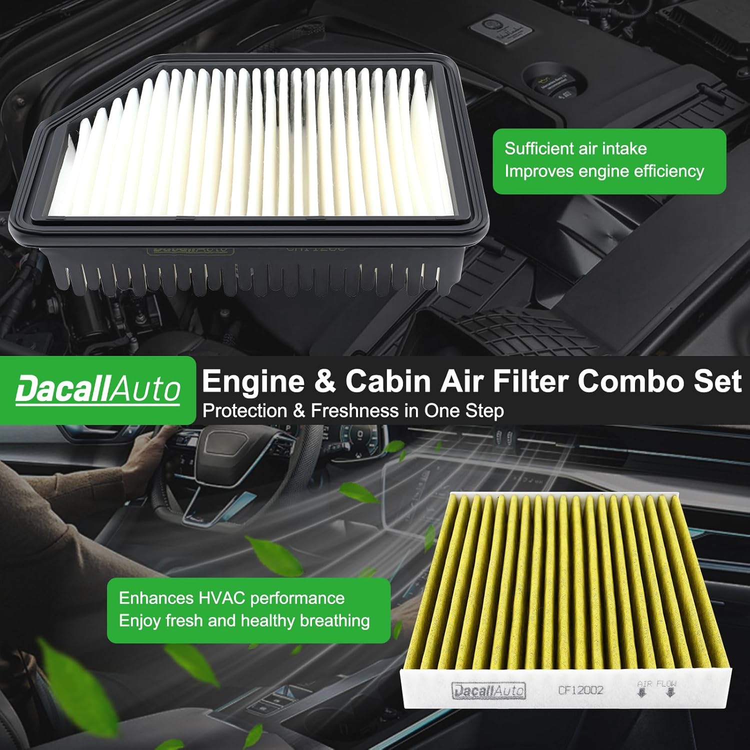 Engine & Cabin Air Filter Set for Kia Soul L4 1.6L/2.0L (2014 2015 2016 2017 2018 2019). Replace CF12002, CA11206
