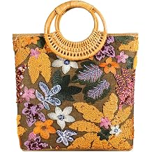 Sequin Embroidered Floral Tote for Women Beach Bag with Bamboo Handle Summer Shoulder Handbag for Vacation Daily Use 2026