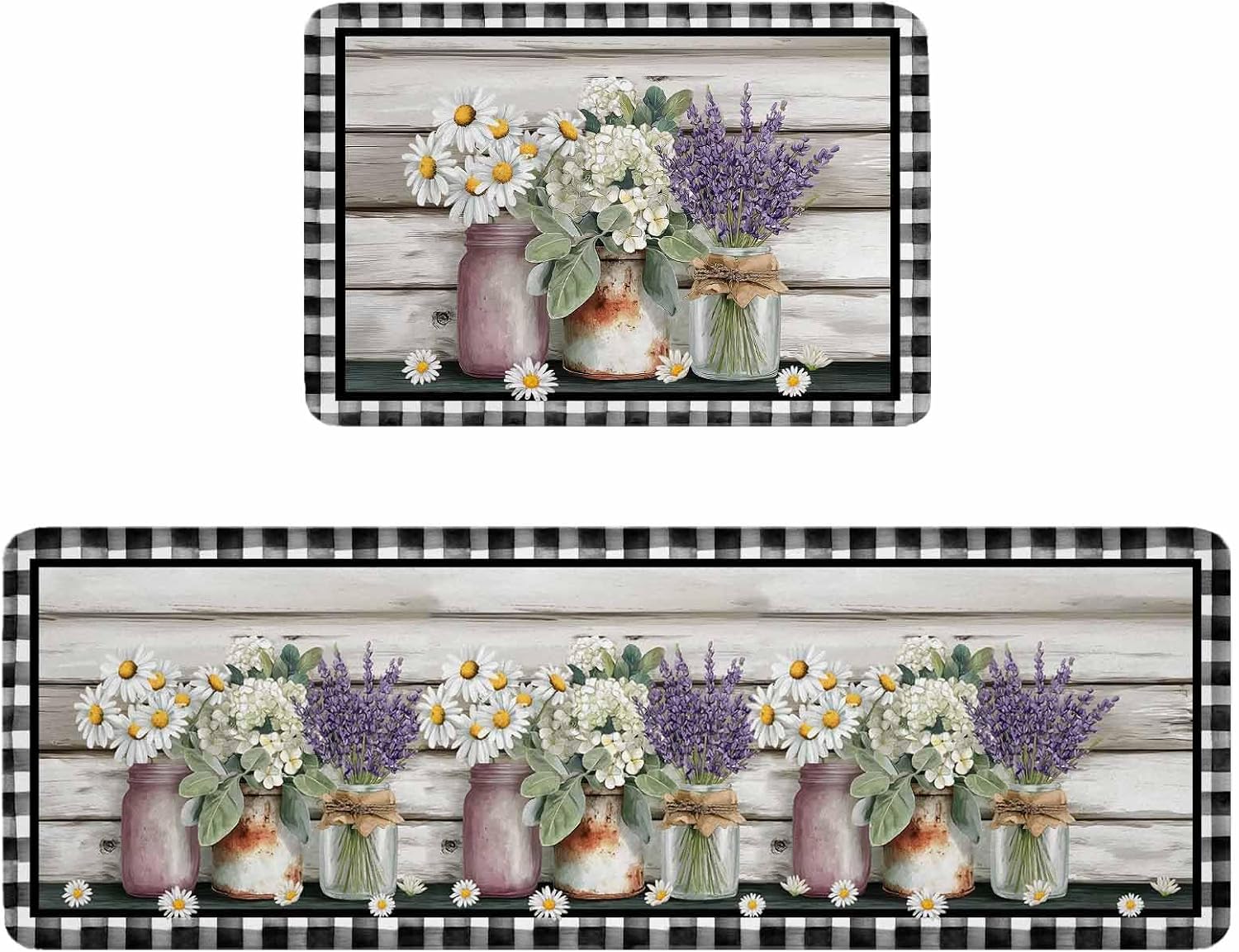 Spring Floral Kitchen Rugs and Mats Set of 2, Non-Slip Kitchen Sink Mat, Pastoral Bottle Flowers Wood Black Plaid Washable Doormat Bathroom Rugs Runner for Bedroom/Living Room 19.7"x31.5"+19.7"x47.2"