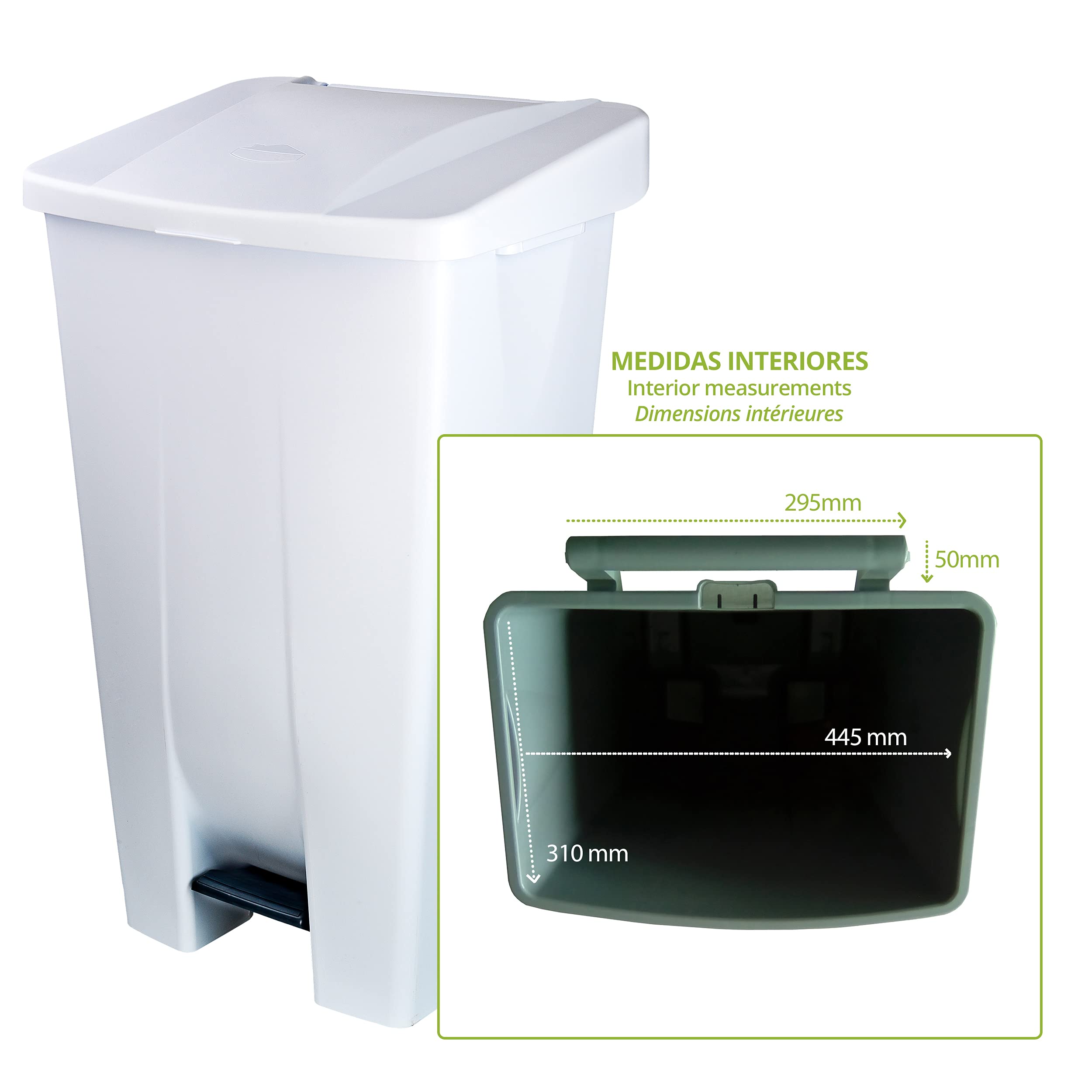Conteneur sélectif à pédale 120 L Blanc – Poubelle sélective apte au contact alimentaire avec roues et poignée ergonomique, plastique résistant et facile à nettoyer | Denox