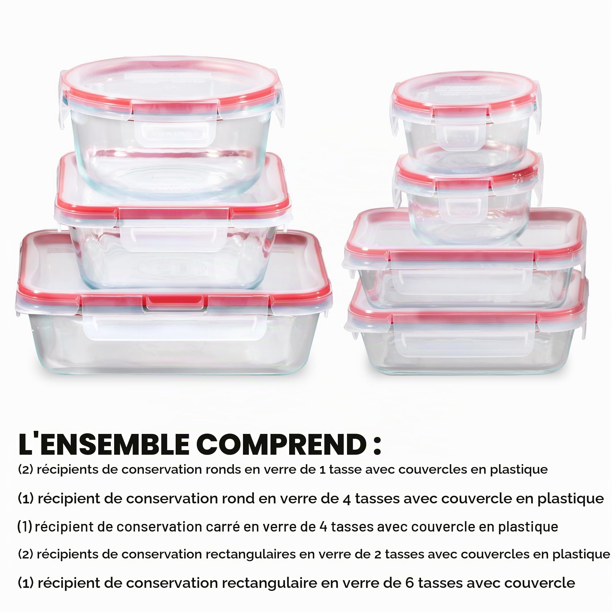 Pyrex Freshlock (Lot de 7) Ensemble de bocaux en verre pour conservation des aliments, (1, 2, 4 tasses) Couvercles hermétiques et anti-fuites avec verrouillage en plastique sans BPA, Ensemble de