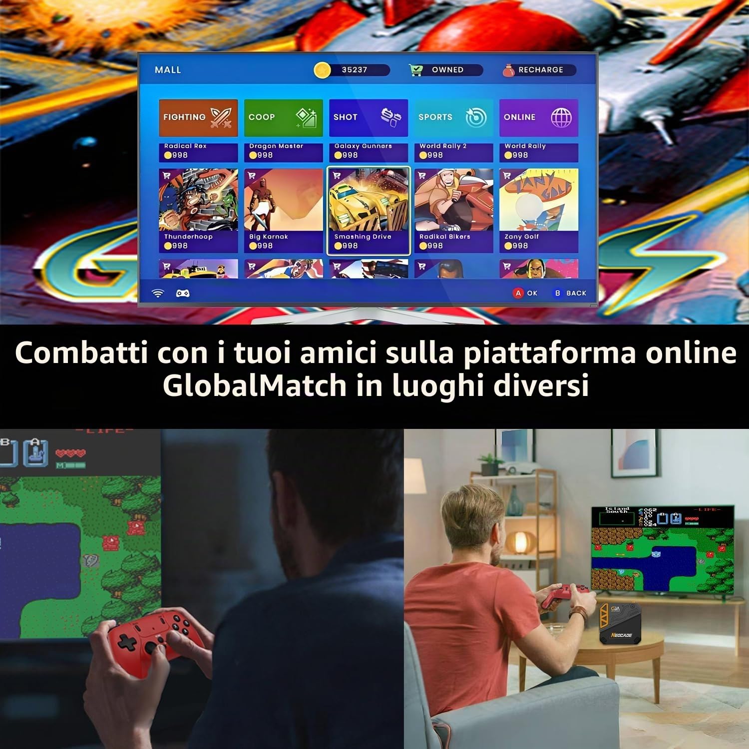 GO15 Console per Videogiochi Retrò , 12 VISCO e 18 PIKO originali con licenza integrati, supporta i combattimenti online in tempo reale dei giocatori