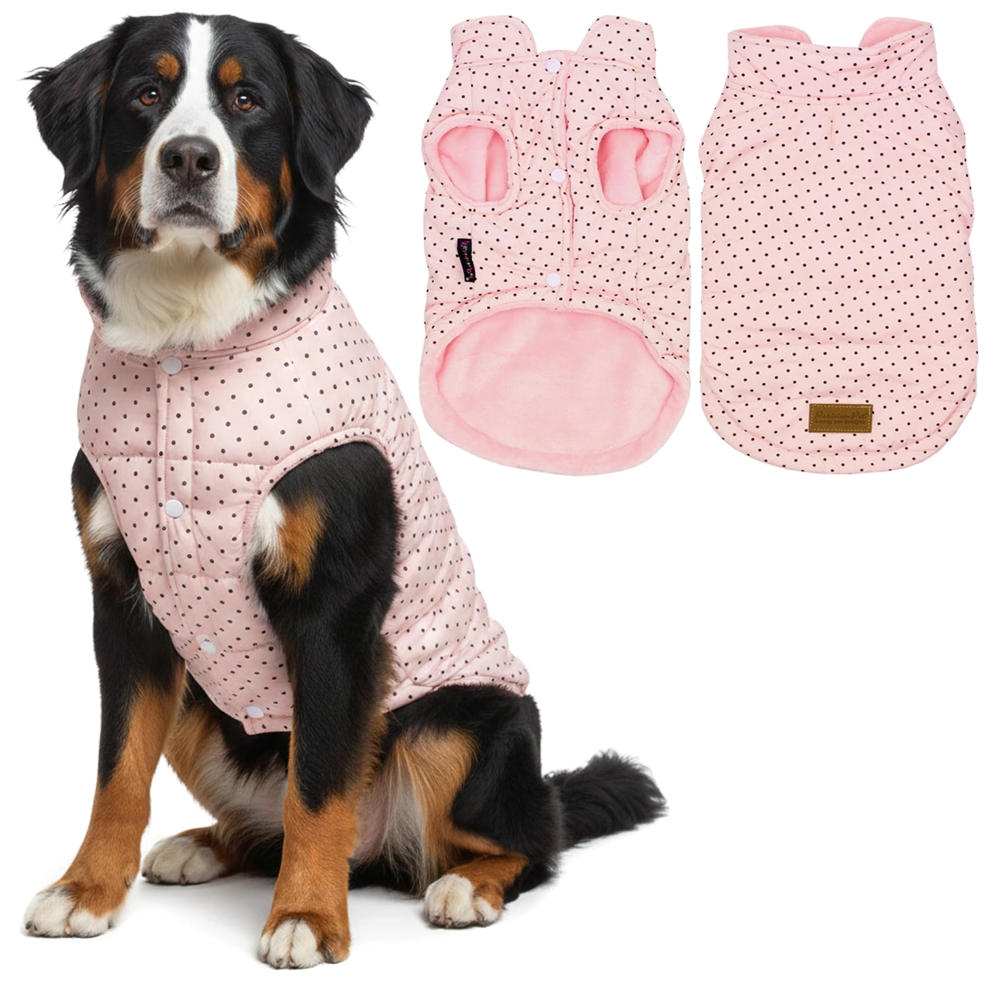 Parisian Pet Dog Jacket – Pink Winter Coat – Windproof Clothes for Cold Weather – Soft and Warm Fleece Vest – Polka Dot Jacket for Large Dogs 2XL