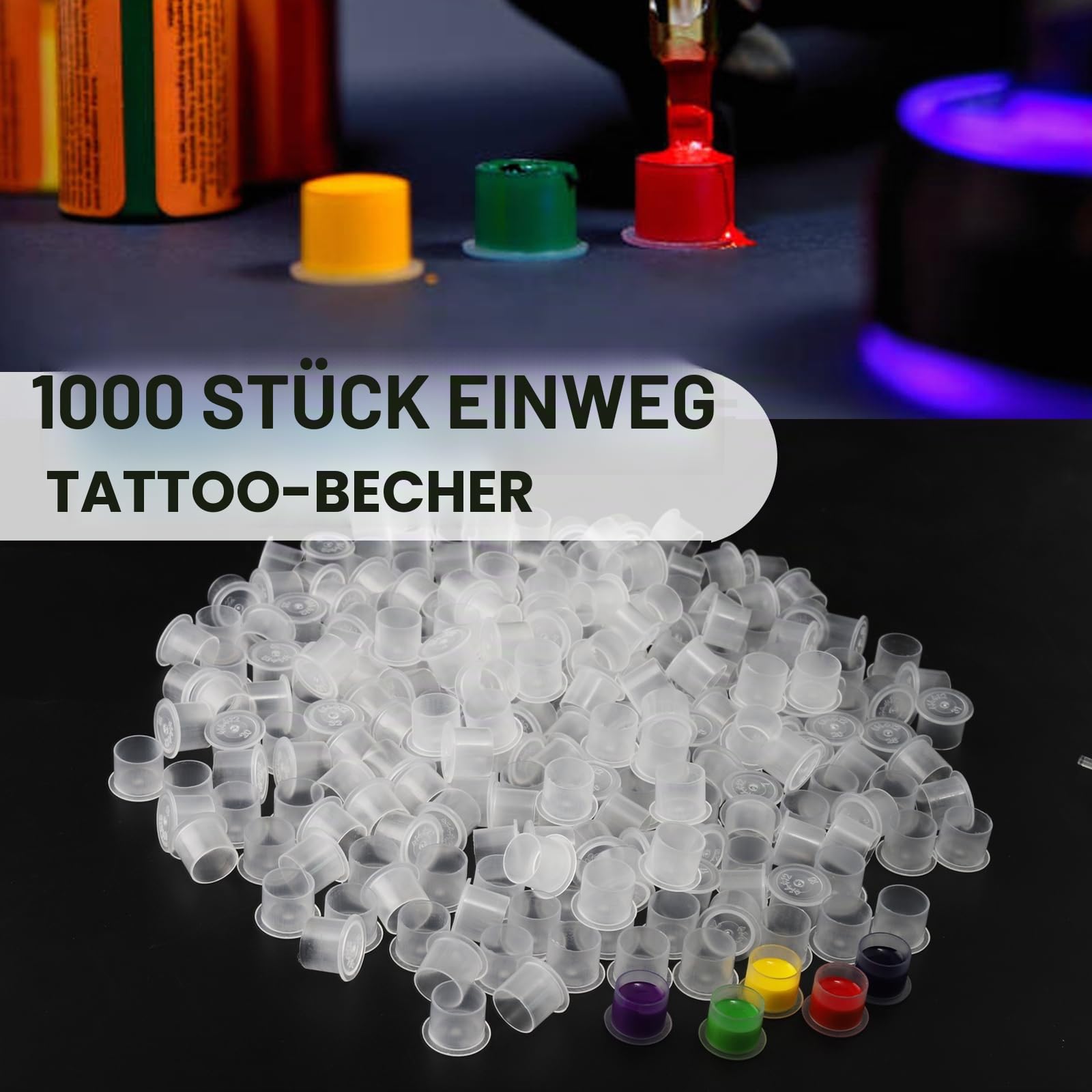 Emalla 1000 Stück Tattoo Farbkappen Cups #14 Ink Cups mit Base Einweg Pigment Caps Klein Kunststoff Farbbehälter für Tattoo Zubehör