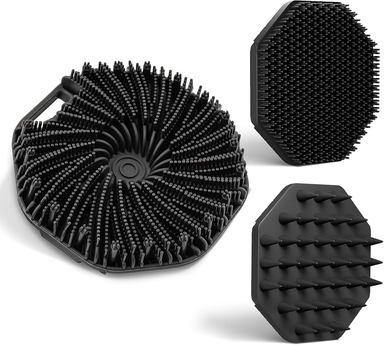 3 Soft Silicone Scrubbers – Body Exfoliating Brush Skin Massage Shower Scrubber Body Buffer, with Super Soft Handheld Facial Cleansing Brush, with Hair Shampoo Brush Scalp Massager (Black)