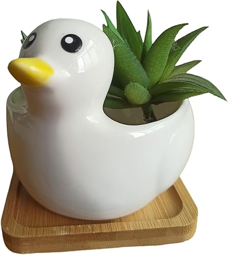 Miniatura 3 de Macetas de cerámica con forma de pato de dibujos animados con forma de pato, maceta con bandeja - Planta no incluida (blanco)