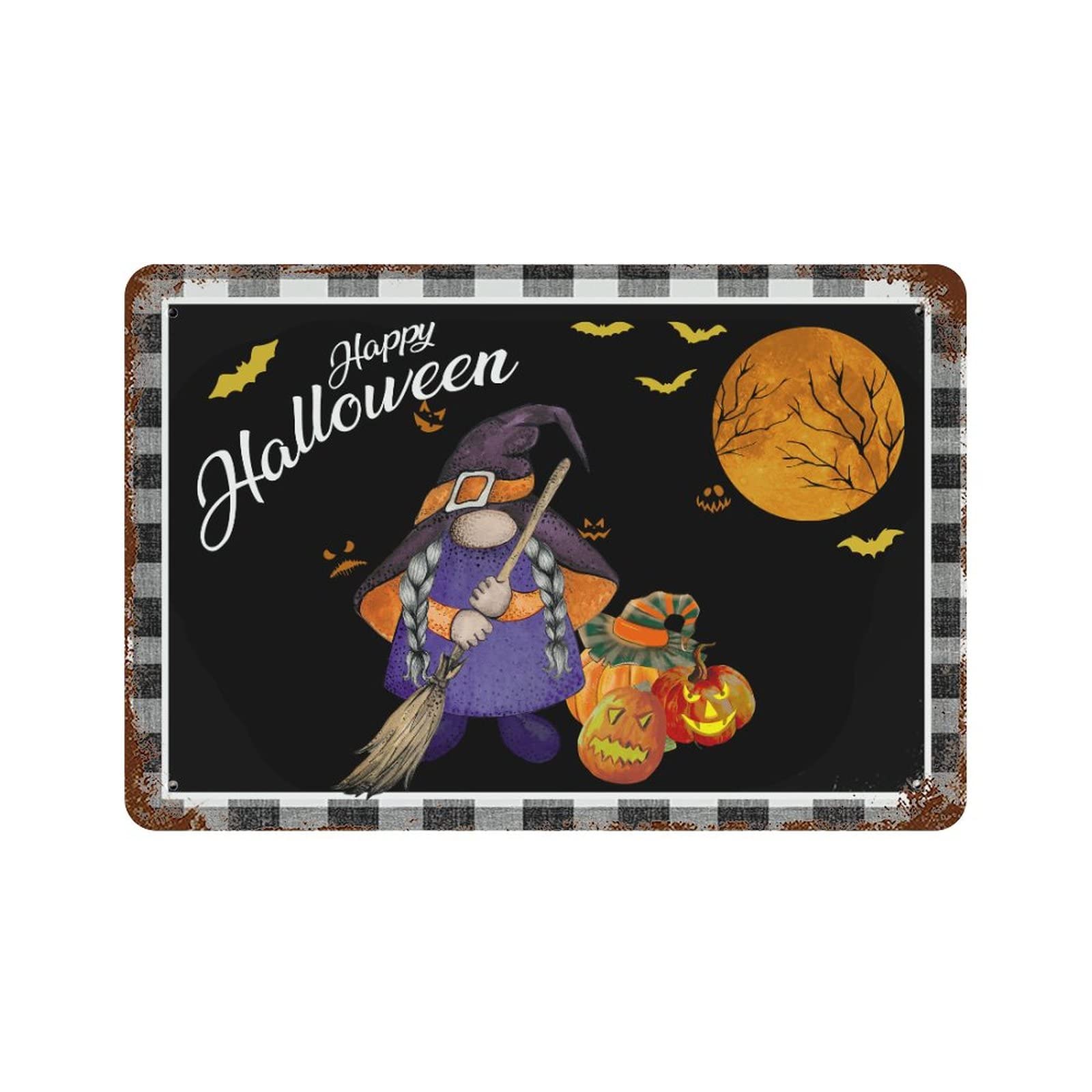 Panneau en métal Happy Halloween et Citrouilles rétro pour décoration extérieure de 30x45 cm