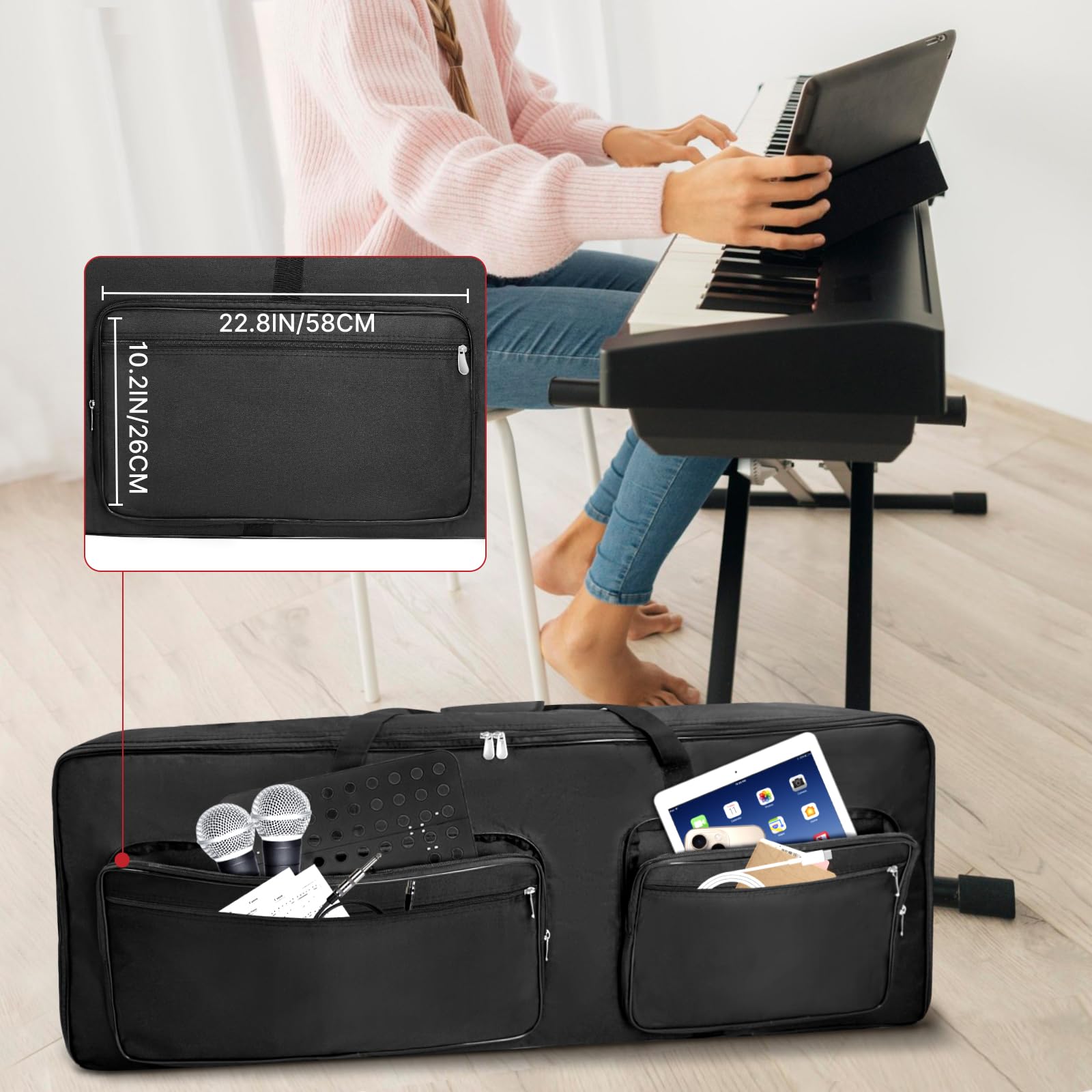 SUNDOY Custodia per tastiera – Gig Bag in robusto tessuto Oxford 600D, imbottitura in schiuma da 10 mm, perfetta per il trasporto di tastiere, accessori musicali e altro ancora (per pianoforte a 88