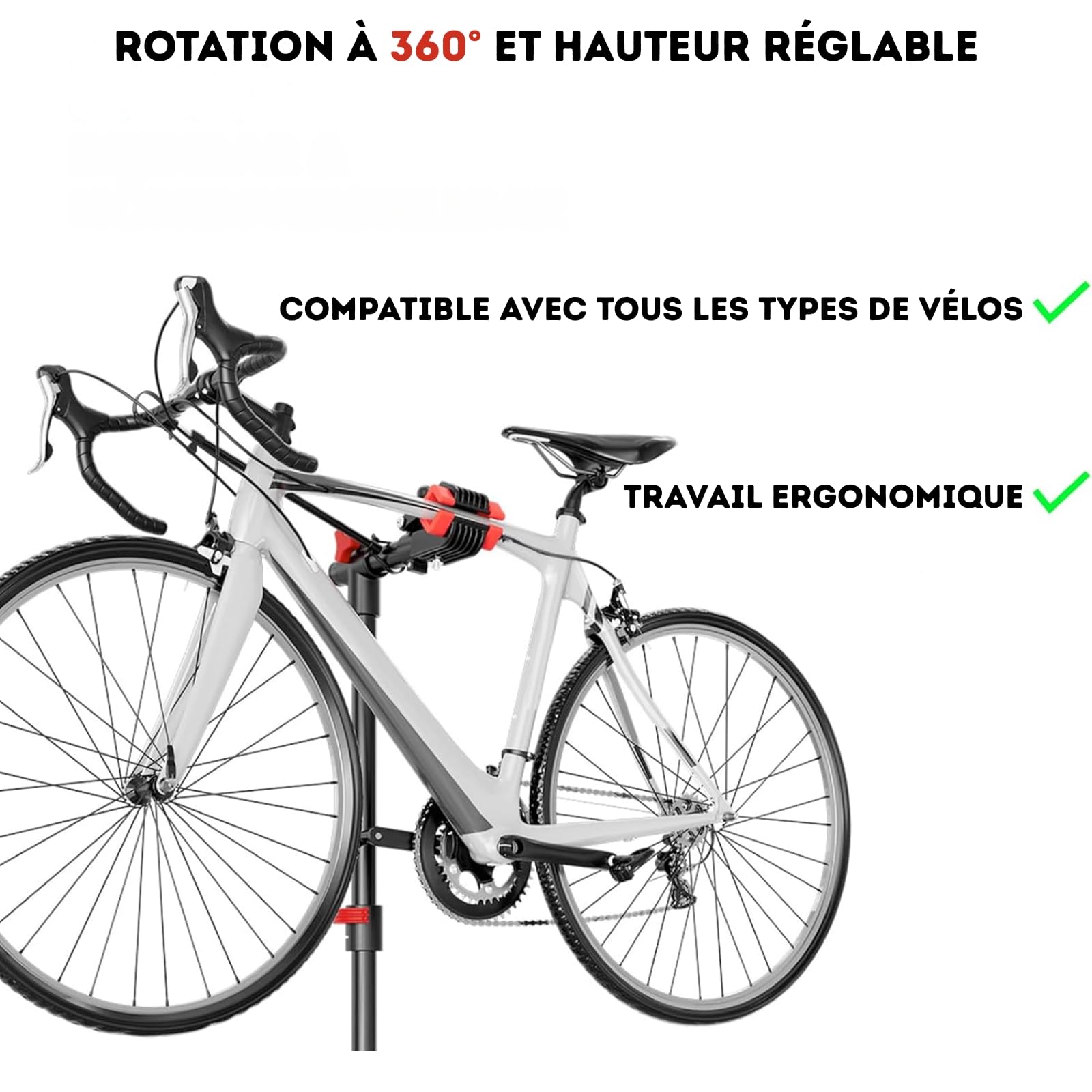 KARAT - Pied de Montage vélo jusqu'à 30 kg - Support de réparation Professionnel avec Plateau à Outils, Pivotant, Pliable, Hauteur réglable - 128 L x 128 l x 113,5-193 H cm, Noir-Rouge (Lois)